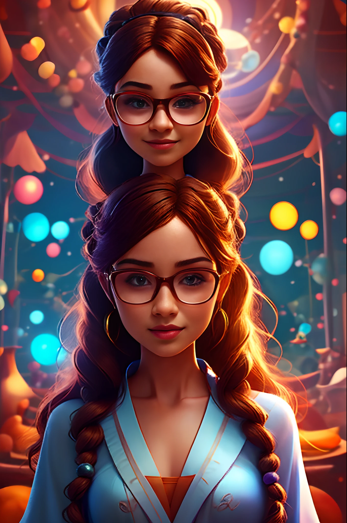 Pixar cartoon character, round face, cute pretty babe girl woman, long straight light brown chestnut hair, glasses