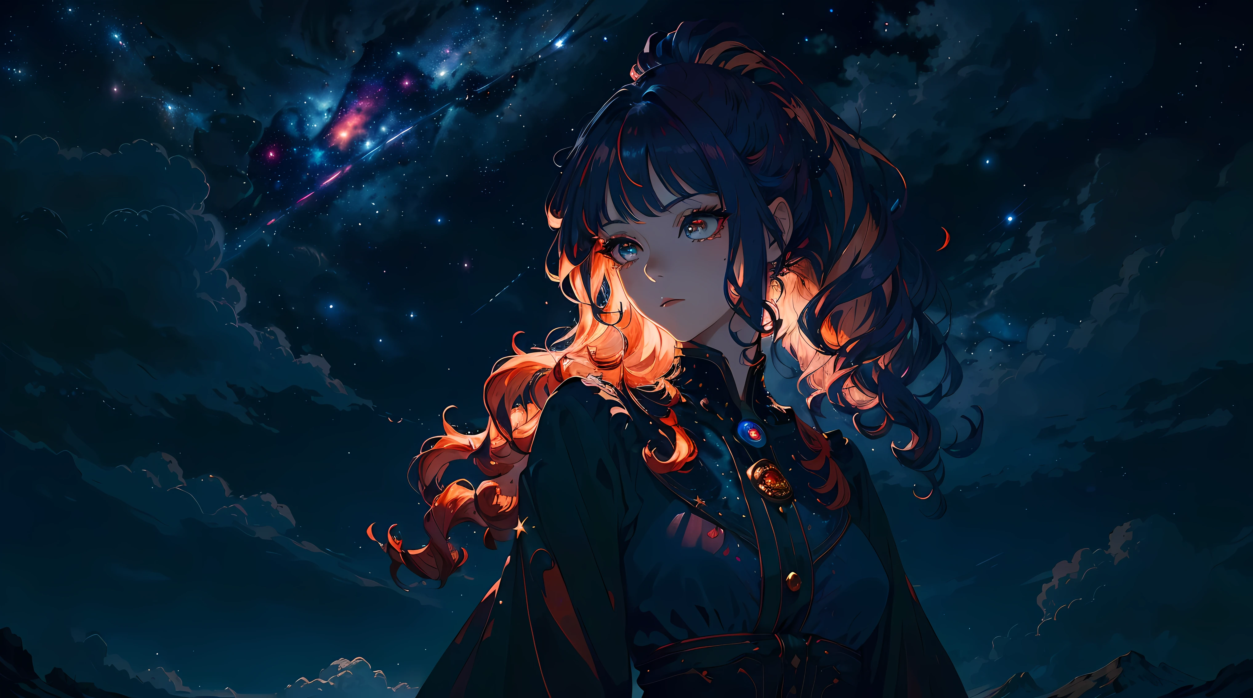 ((tmasterpiece)), (((beste-Qualit))), ((ultradetailed)), ((illustartion)),[The light effect of realism], eye shadow,(fantasy style),(starryground:1.6), dark background, illustartion, 1 girl, sly look, Majestic view (multi-colored hair, Hair gradient, Hair color from blue to peach, without bangs, curly curl on the cheek, hairstyle: high ponytail, long tail), The eyes are crimson-red, Environment change scene, (The hair is surrounded by the bursts of the galaxy),))):((Her hair turns into galactic clouds,:1.27628), The Moon in the Night, Stars, wide eyes, Lashes, side glance, Crystal hair, Glowing Hair, shirt with collar, galaxy, Additional lighting