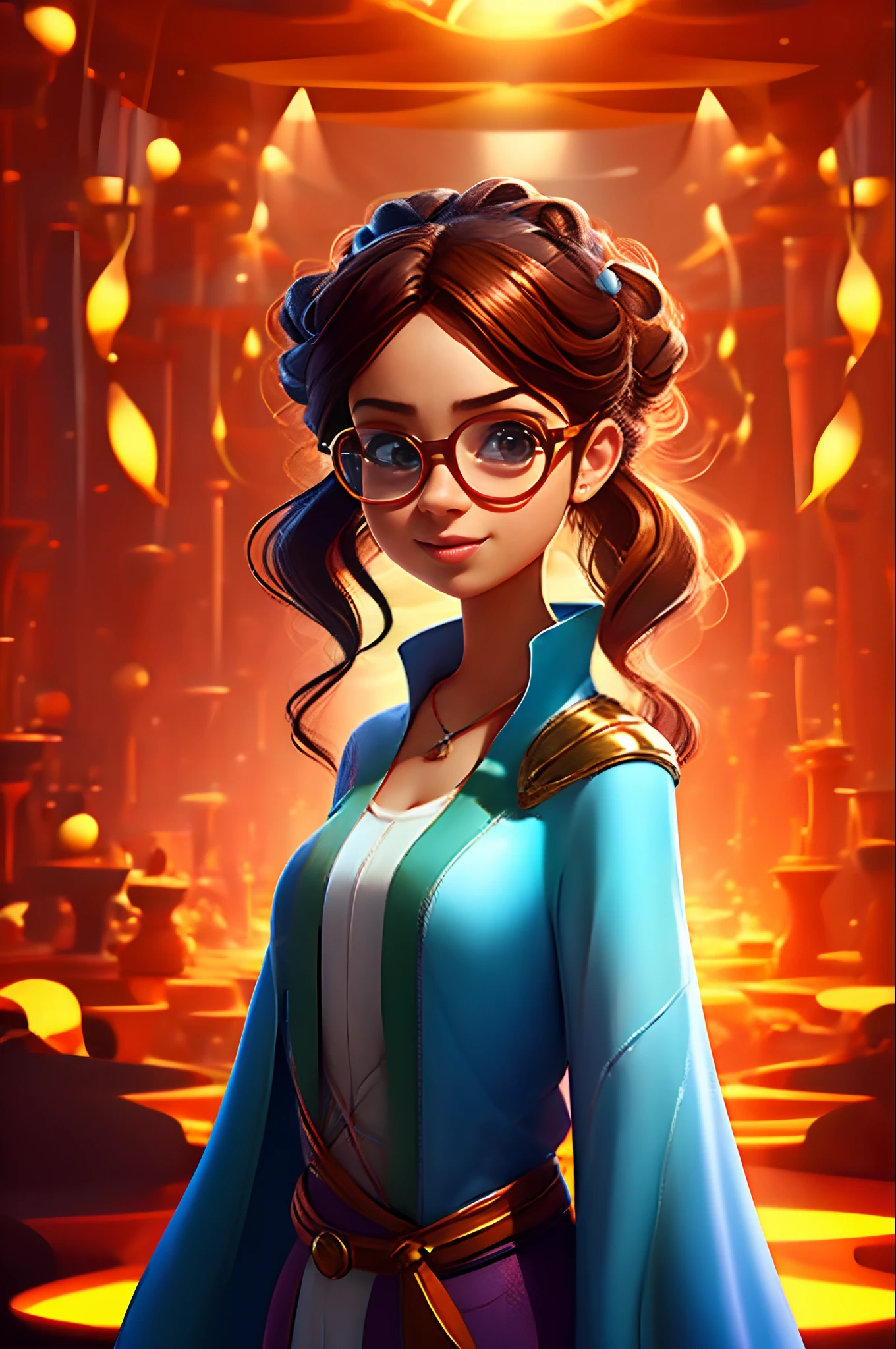 Pixar cartoon character, round face, cute pretty babe girl woman, long straight light brown chestnut hair, glasses