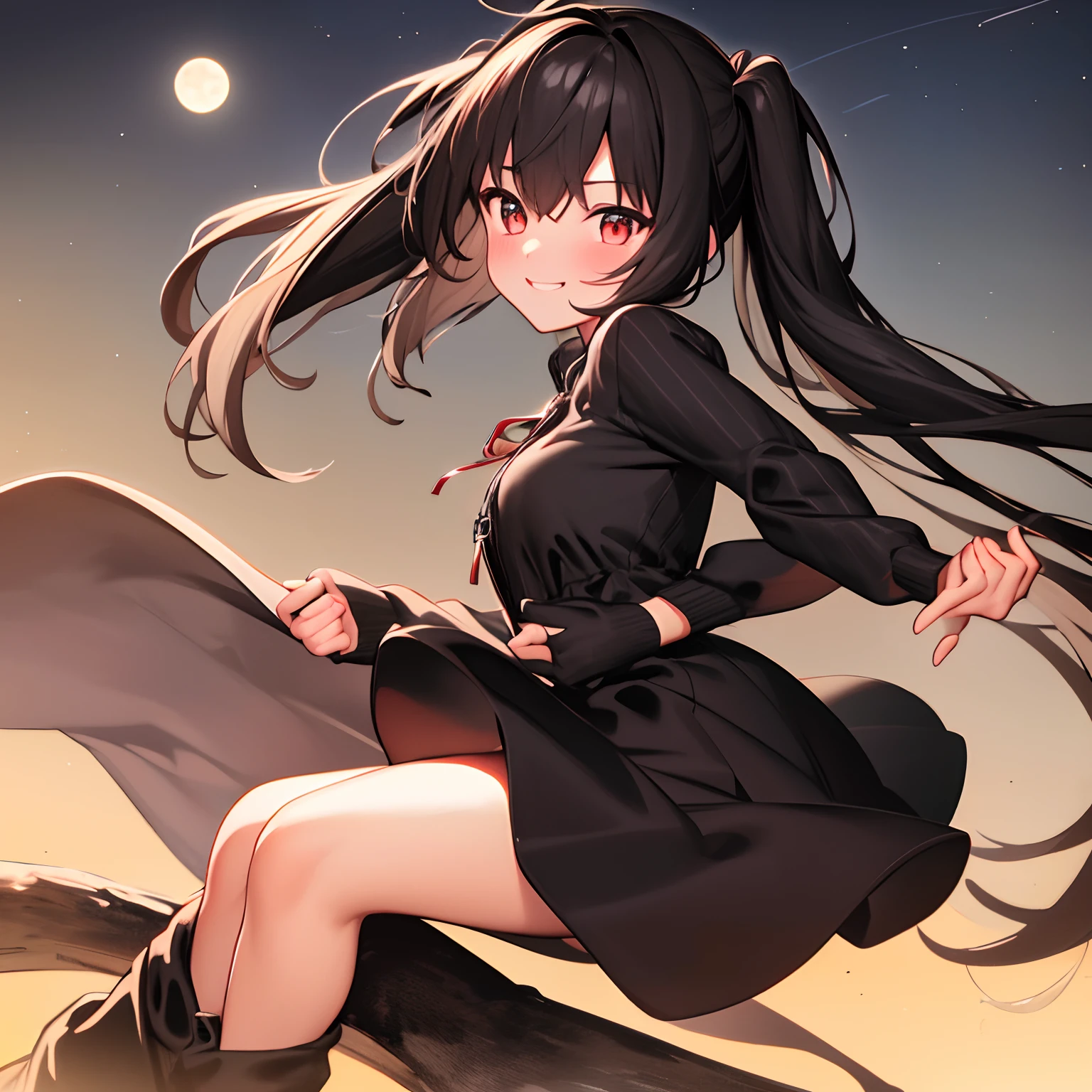 巨作, Best Quality, Detailed, 1girl, 独奏, night sky, outdoors, Full moon, stars, zipper, night,,  Sakura Dark, (black dress), long  hair, evil smile, red ribbon, striped, thighs