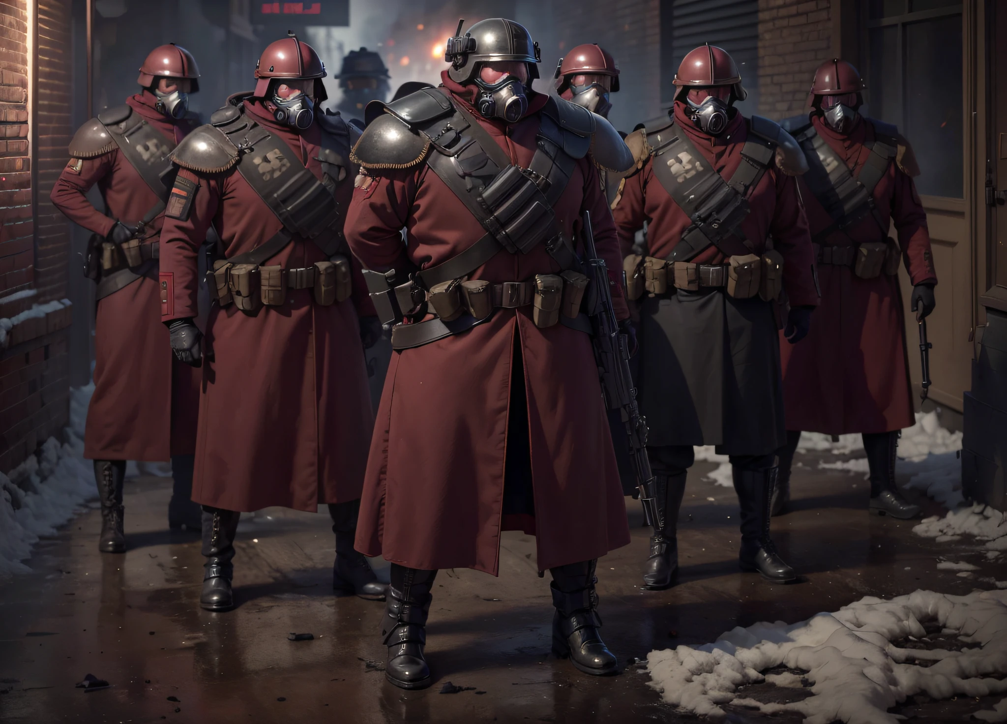Male soldiers, looking forward, gas mask, gray helmet, Soviet-style dark red uniform, dark red coat, belt with ammunition, dark gray metal shoulder pads, black boots, gloved hands, highly detailed hands, carry a tomigun, is in a totally destroyed modern city Fire, smoke, debris, 4k, Ultra detailed image, realistic, Highly detailed, perfect composition, gorgeous, Intricately detailed, incredibly detailed, Art photography 8K, hyper detailed, Masterpiece, Ultra detailed, hyper realistic, 4k, Ultra detailed image, realistic, Highly detailed, perfect composition, beautiful, intricately detailed, incredibly detailed, art photography 8k, hyper detailed, masterpiece