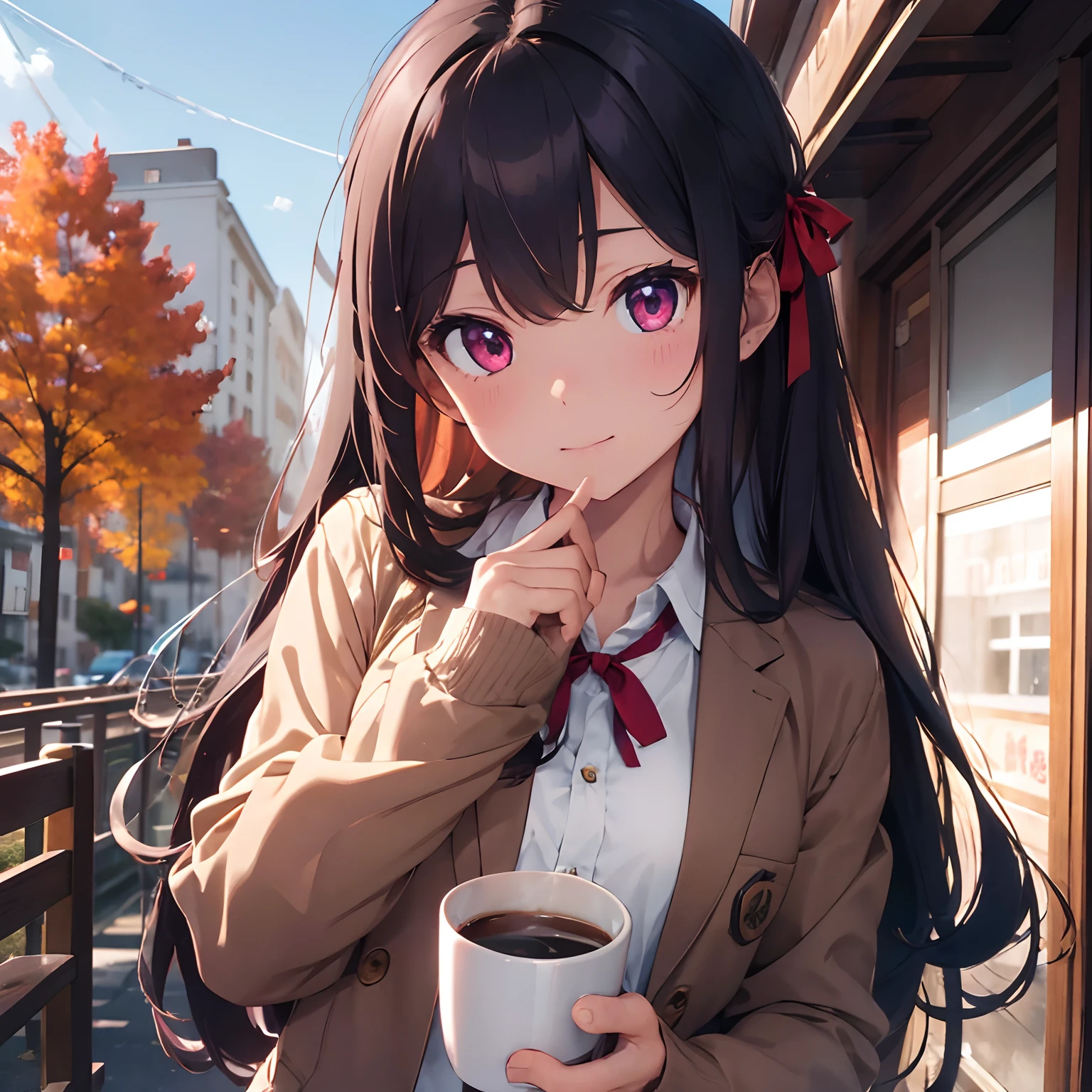 light-brown long hair、Navy blue blazer school uniform with red ribbon、Reddish-purple eyes、Autumn landscape、Drink a hot cup of coffee、 Vibrant colors、Inside the café、Bust-up shot, Delicate drawing、 8K