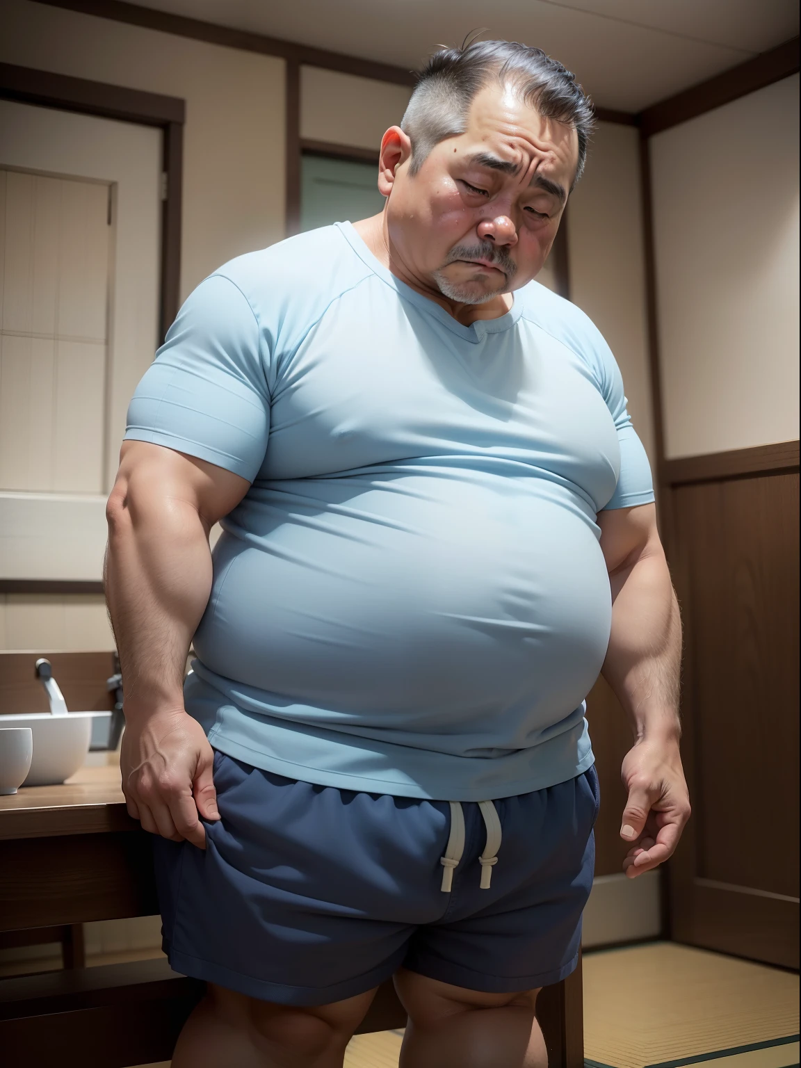 Thick Japan middle-aged man in his 50s, 1man, dwarfism, Standing look down with shrugs, holding back his pee, waddle, crew cut, Wearing a light blue shorts and white short sleeve, Bare legs, shy, tearful, sob, Bowleg, , a picture, high detail photo, Masterpiece