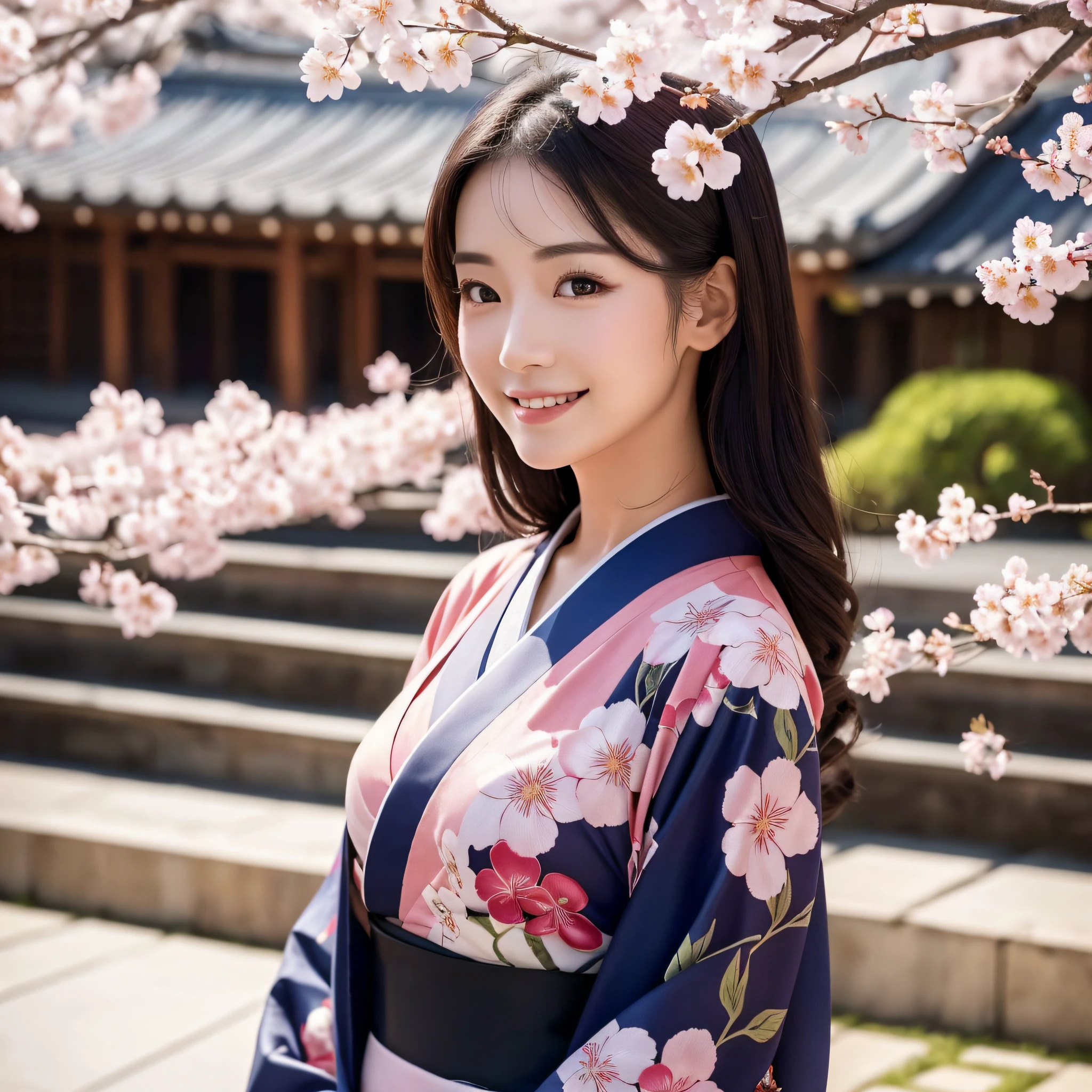(Super beautiful woman in kimono)、((best qualtiy、8k masterpieces:1.3))、foco nítido:1.2、(ultra beautiful faces:1.0)、(shinny skin:1.0)、photos realistic、A dark-haired、Video Lighting、High-definition eyes and face、Video Lighting、Japanese actressl、from the front side、medium breasts、With a happy smile、Slender Abs Beauty、Whole body、wearing kimonos、cherry blossom in full bloom