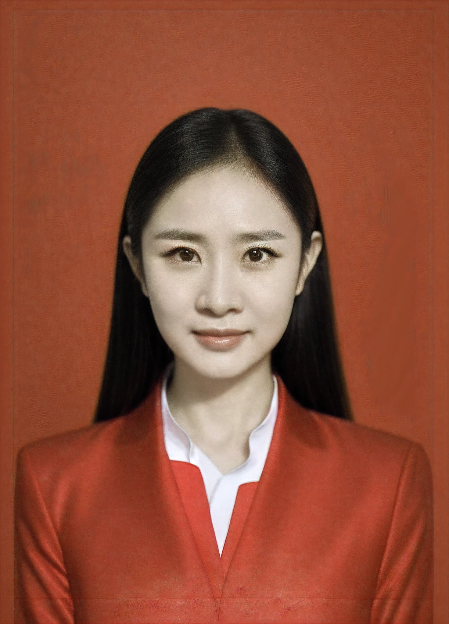 Close-up of a woman in a suit on a red background, Li Zixin, Zhang Wanting, xision wu, xue han, wei wang, jinyiwei, xintong chen, wenfei ye, Yun Ling, chengyou liu, Zhang Pengzhen, lulu chen, Lin Qifeng, xiaofan zhang, zhelong xu, dent wu