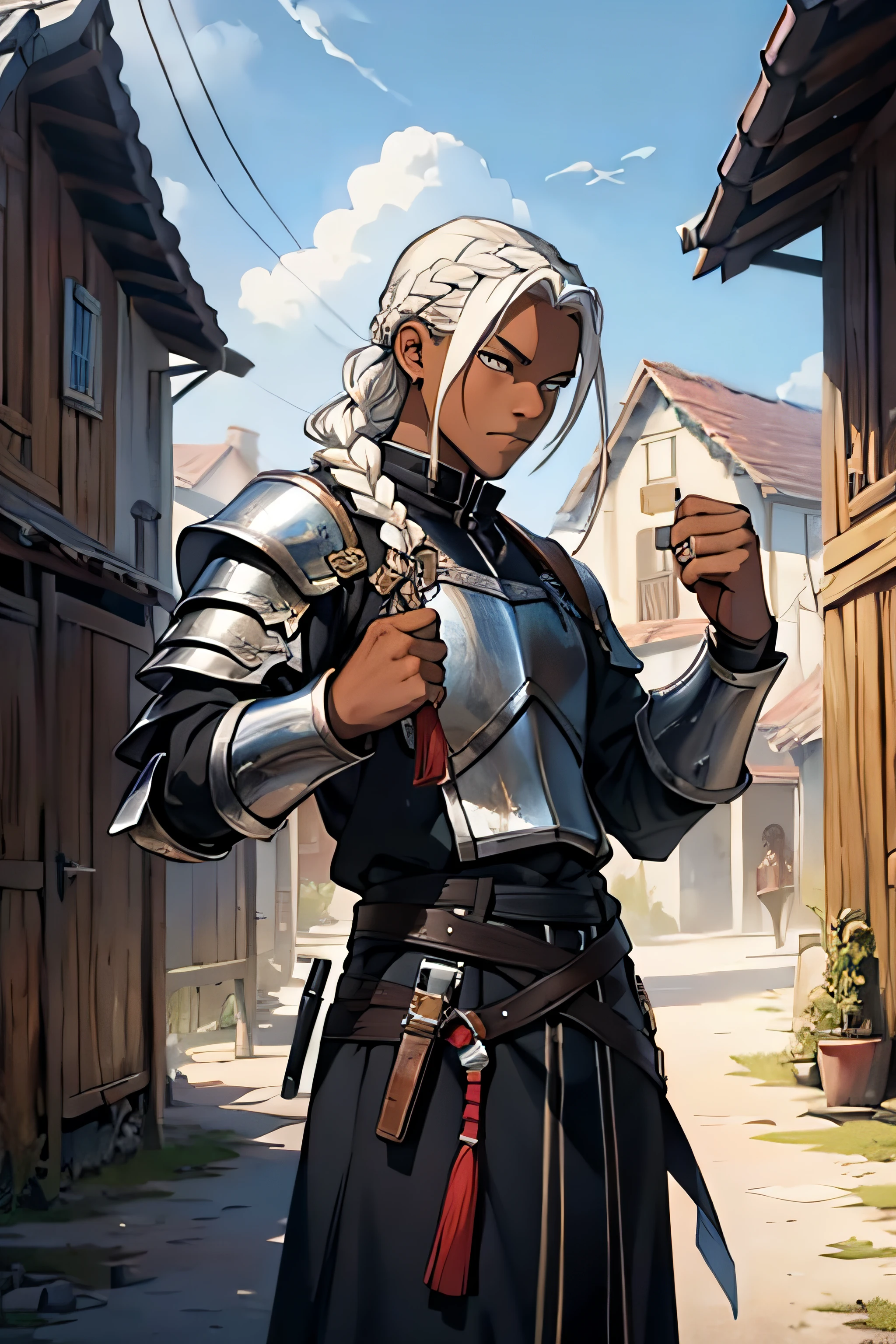fantasy, a black man, white braided hair, black assassin armor, in a village