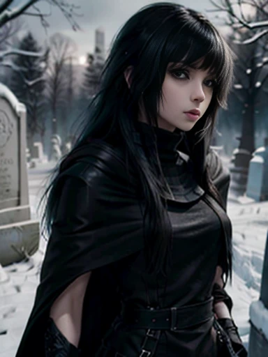 ((emo_hairstyle)), (((Jessica_Faulkner))), pale skin, tight black cloak, grey eyes, dynamic pose, asymmetrical bangs, long hair, straight hair, long bob, (((black hair))), white skin, pale, white, cemetery, moonlight, leather turtleneck, snow, long bob hairstyle, swept bangs, (best quality, 8k, masterpiece:1.2, ultra-detailed, realistic, photorealistic)