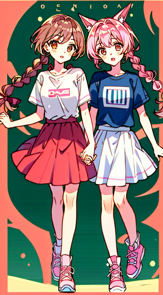 oyama mahiro, oyama mihari, 2girls, blue shirt, braid, brown eyes, brown hair, holding hands, interlocked fingers, long hair, looking at viewer, multiple girls, orange eyes, pink footwear, pink hair, pink skirt, shirt, short sleeves, siblings, sisters, skirt, title, twin braids, twintails