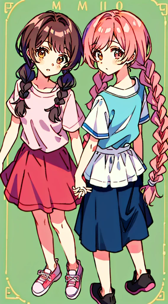 oyama mahiro, oyama mihari, 2girls, blue shirt, braid, brown eyes, brown hair, holding hands, interlocked fingers, long hair, looking at viewer, multiple girls, orange eyes, pink footwear, pink hair, pink skirt, shirt, short sleeves, siblings, sisters, skirt, title, twin braids, twintails