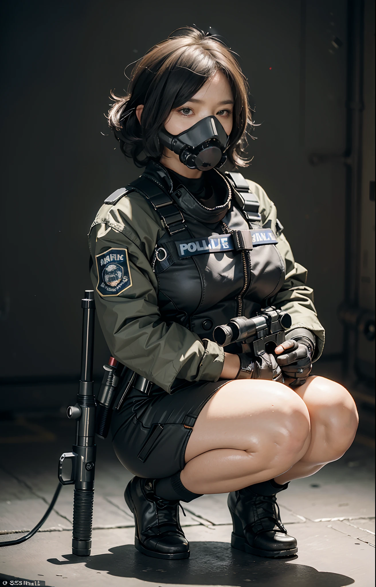 ((best quality, (masterpiece), photorealistic, photorealism, Photorealistic, high resolution)), 1girl full body, aiming with an assault rifle, another girl squatting behind, Combat pose, a bit chubby, (Detailed face), (wearing rash-guard likes police uniform, gloves, black and grey mecha, wearing futuristic-gasmask, military harness, holding a machinegun, carrying hich-tech-launcher), background grey, Fingers are occluded