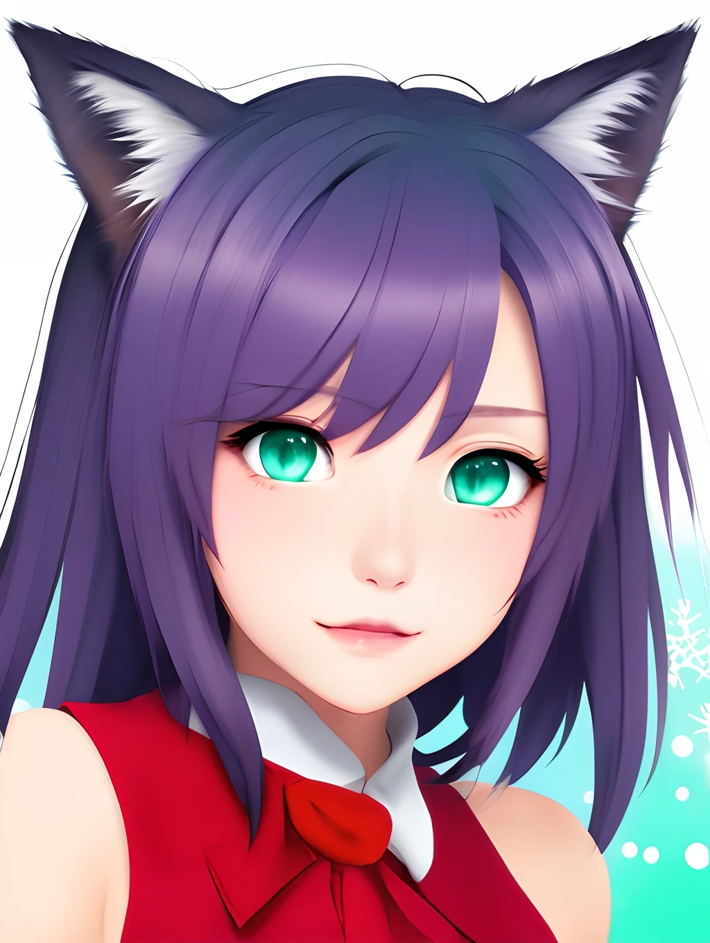 A wolf girl, purple hair, wolf tail, Seafoam green eyes, fangs, illustration, anime,vector, azuki style, anime style, Christmas aesthetic, wolf pet hd,