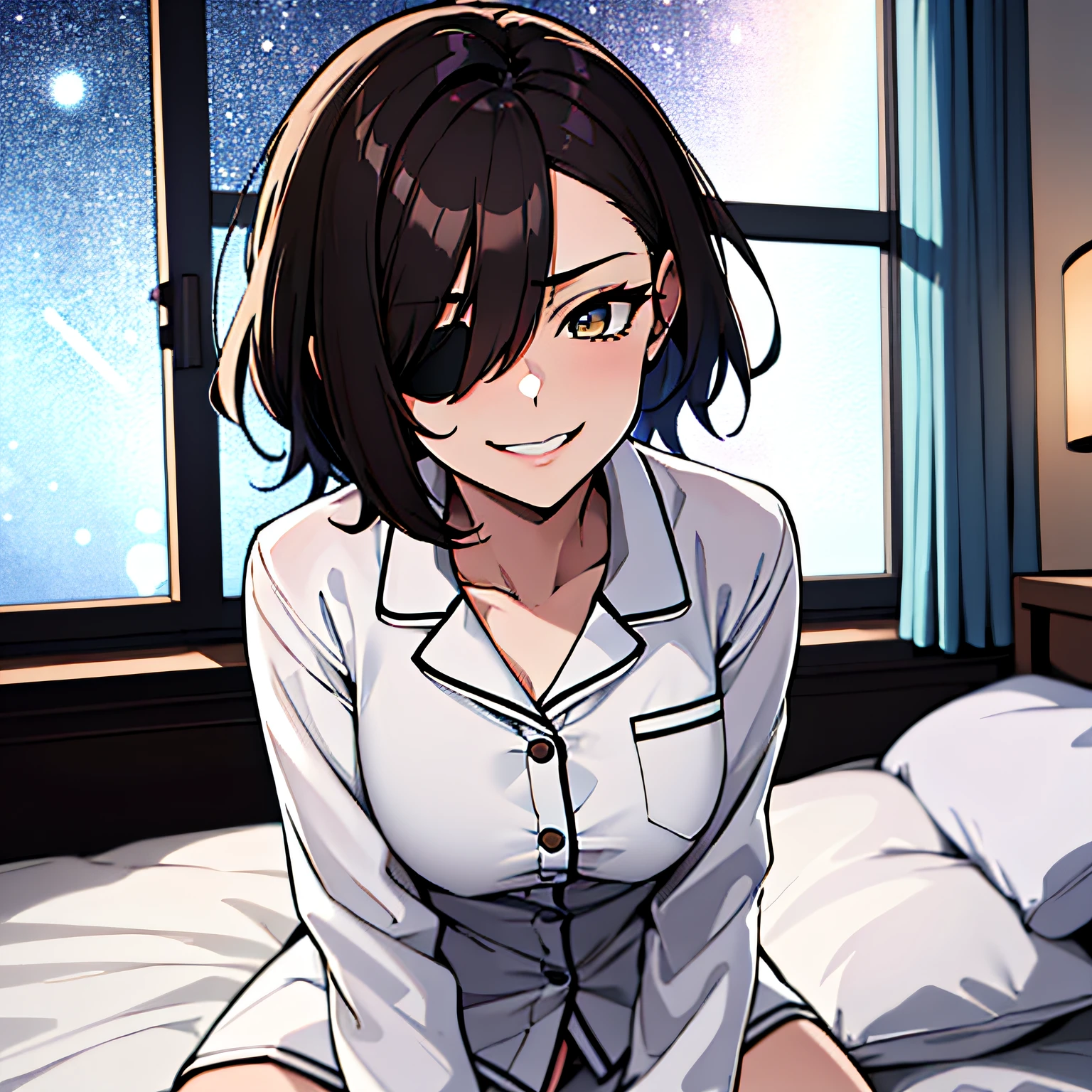 (absurdres, 8k, 4k, masterpiece, hyper extreme detailed:1.2), solo, 1girl, front view, portrait, best quality, expressive eyes, perfect face, 1girl, portrait, solo, standing, Female, toned body, mature female, medium breasts, pale, hair covering one eye, dark brown hair, medium hair, eyepatch, sarcastic, snarky, soldier, adult, hazel eyes, delinquent, sarcastic, smirk, crazy eyes, messy hair, swept bangs, half body, perfect anatomy, front view, leaning back, leaning back, night time, night sky window, bed room, in bed, sitting on bed, sleepwear, gradients in hair, grabbing viewer, sleep shirt, pajamas, pillows, blankets, bed