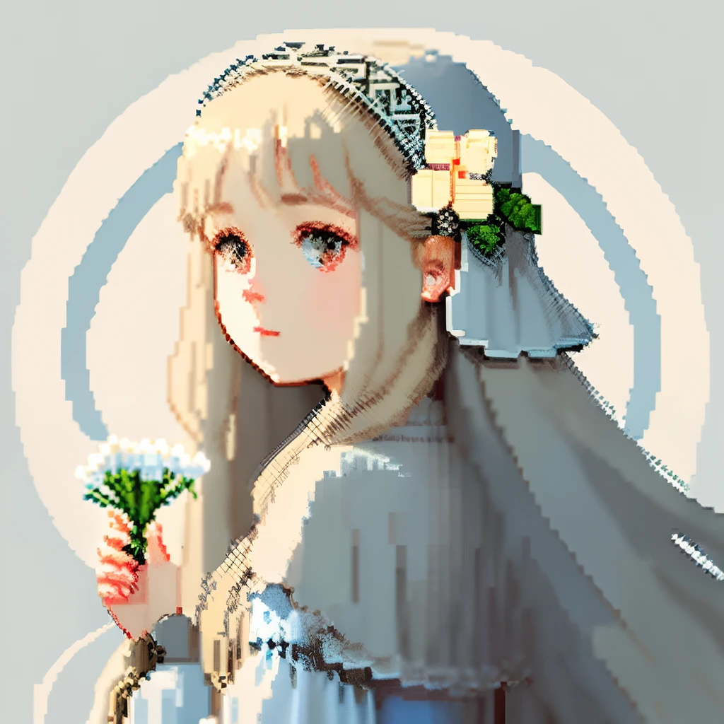 Pale light blue antique dress、Girl with long hair in a dull beige color、Look back and look at this.、Pixel art、Pixel Art Illustration、pixels、Plain background、Upper body、For icons、pixels_Art Book,Composition centered on the face、Straight face、Gothic headdress、pixels、Game-style illustration、Pixel art、pixels、Holding flowers