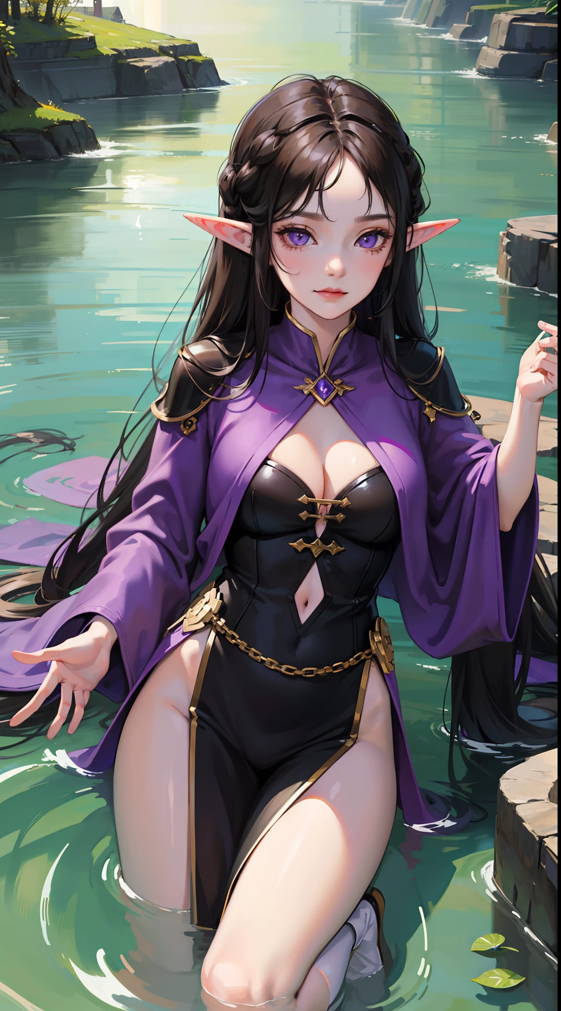 young girl, Long black hair, violet eyes, elf ears, smirk, Purple Sorcerer Form, Gold Elements, water magic, Masterpiece, hiquality, 4k, HD, Good detail