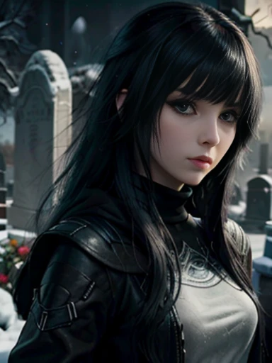 ((emo_hairstyle)), (((Jessica_Faulkner))), pale skin, tight black cloak, grey eyes, dynamic pose, asymmetrical bangs, long hair, straight hair, long bob, (((black hair))), white skin, pale, white, cemetery, moonlight, leather turtleneck, snow, long bob hairstyle, swept bangs, (best quality, 8k, masterpiece:1.2, ultra-detailed, realistic, photorealistic)