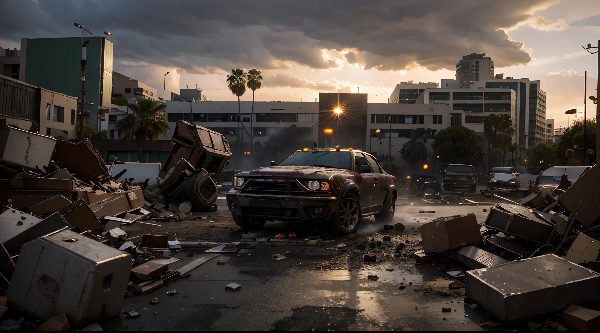 High-resolution 3D scene, epic rampage, Los Angeles in chaos under siege by gummy bears