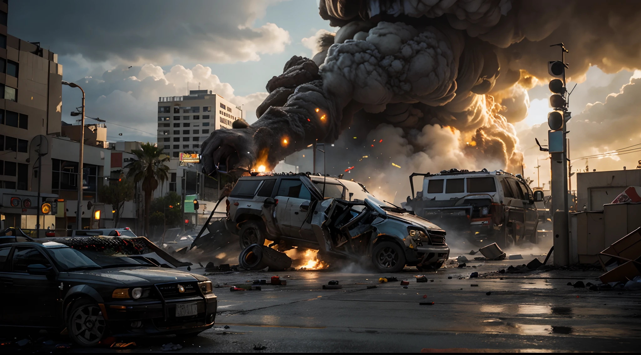 High-resolution 3D scene, epic rampage, Los Angeles in chaos under siege by gummy bears