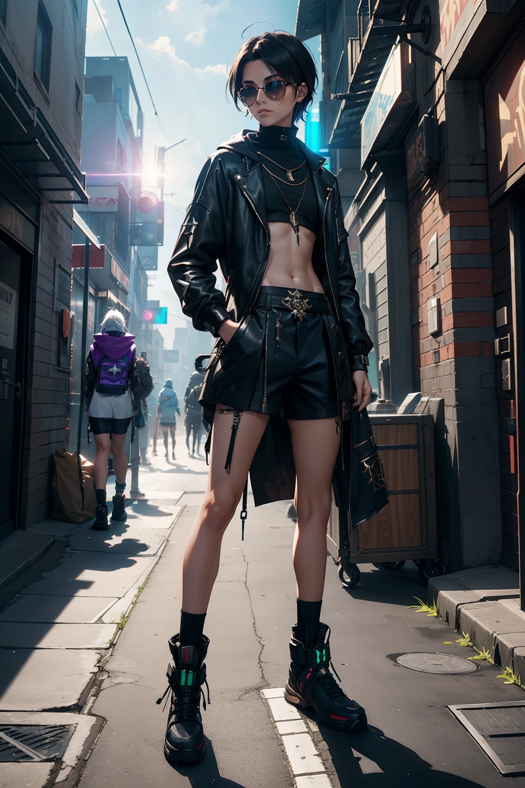 Street wise master of mistical arts and magic, ((street wise ACTUAL FASHION clothes)), (((city futuristic style))), ACTUAL FASHION CLOTHES with touches of arcane arts, tigth shorts, gaunlets, metal, particle ligths, lens flare, photographis blurr. NSFW