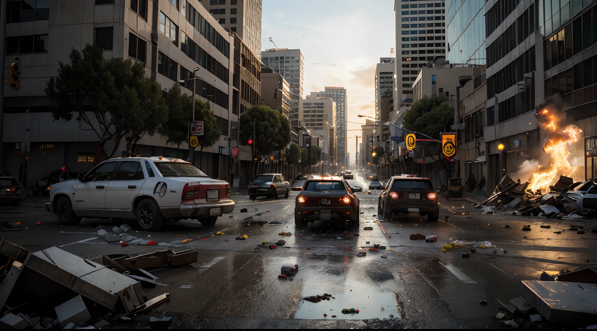 High-resolution 3D scene, epic rampage, Los Angeles in chaos under siege by gummy bears
