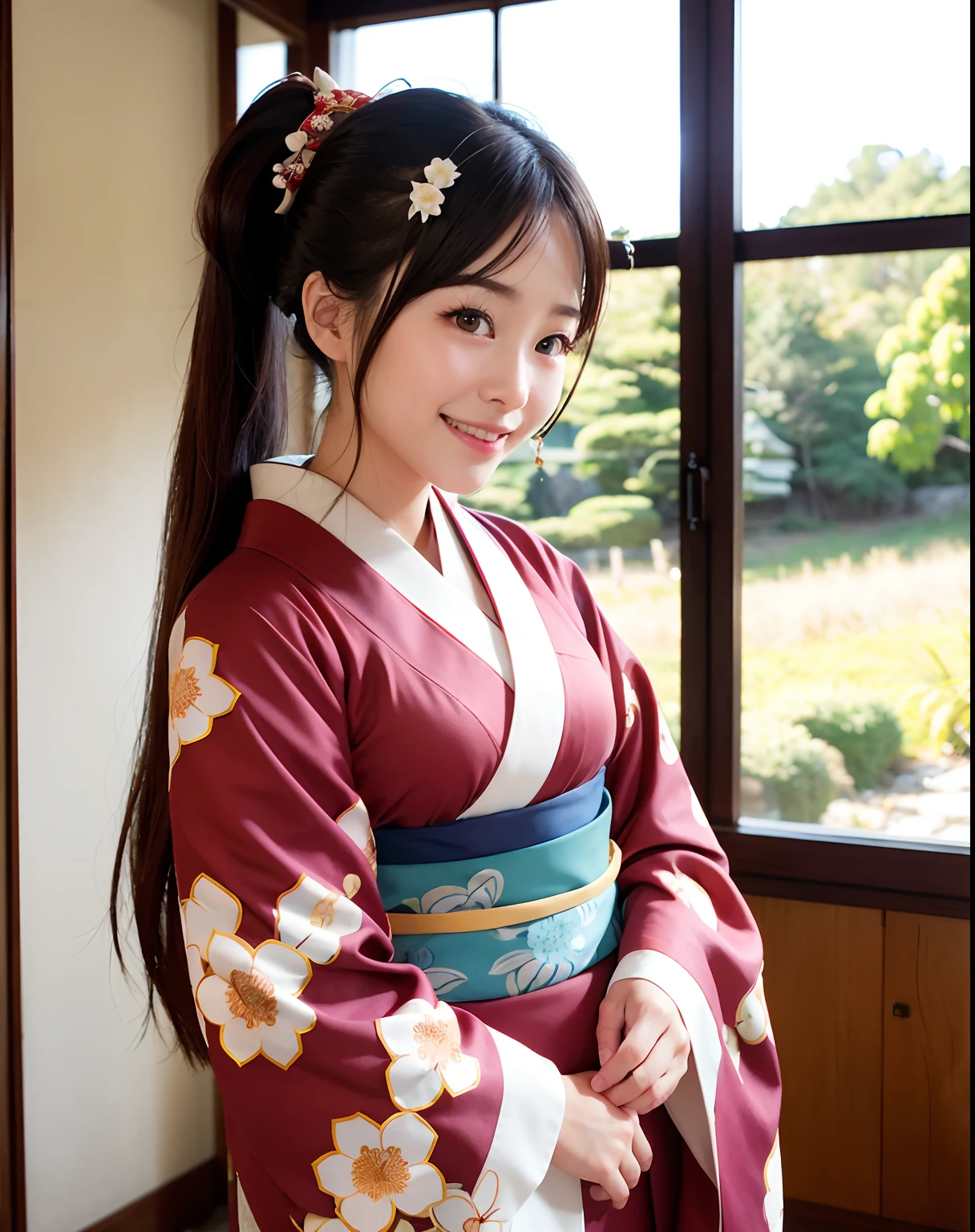 top-quality、facefocus、(depth of fields)、超A high resolution、(Photorealsitic:1.4)、RAW Photography、traditional Japanese room、alcove、scroll
(portlate:1.4)
1日本人の女の子, 独奏, kawaii, a smile, (brown-eyed), Natural face, (Midi Hair),
(kimono:1.5)、Ponytail hair