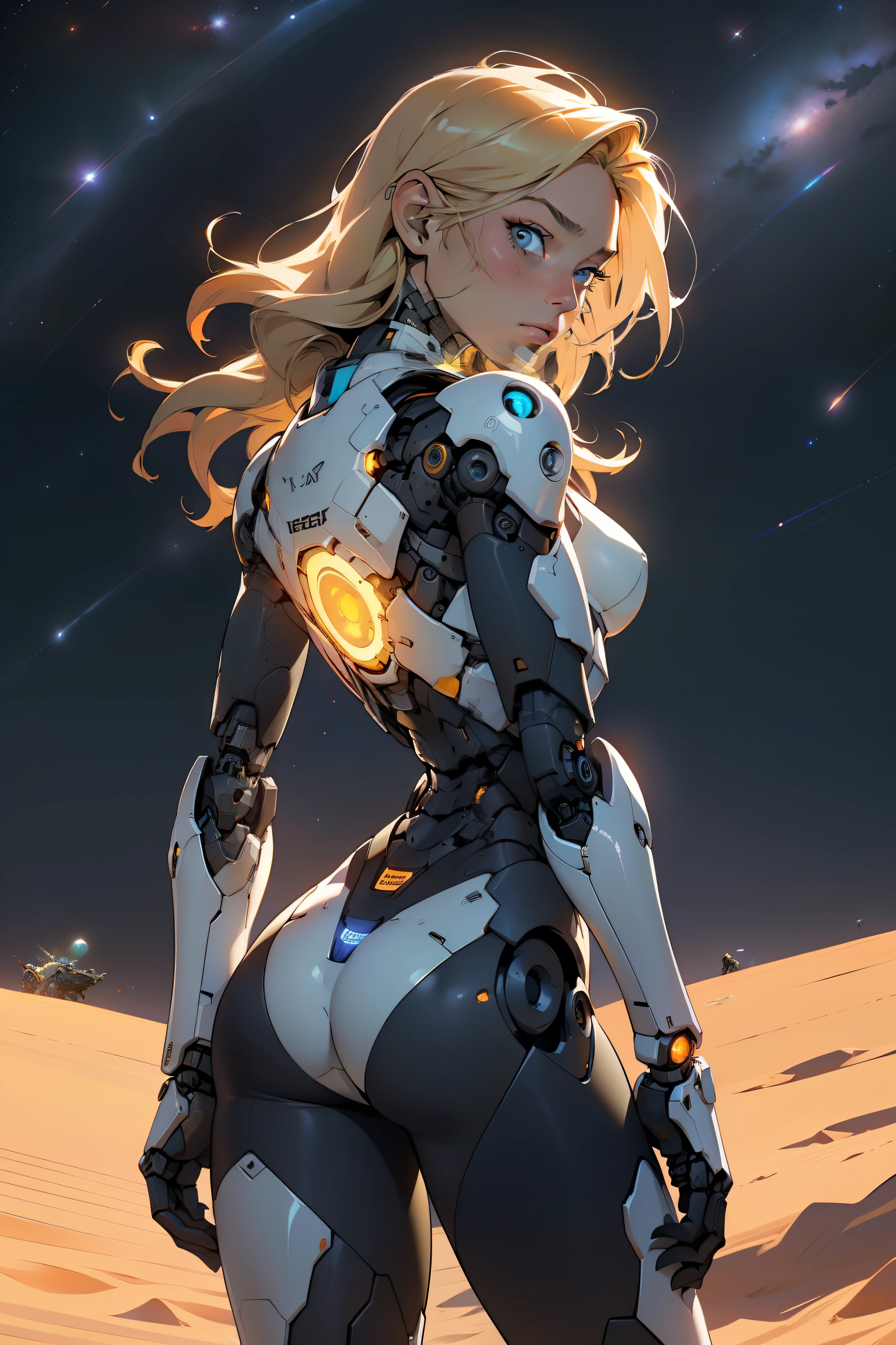 high quality, 4k, masterpiece, beautiful, cyborg girl, cowboy shot, dull eyes, back side, turning around to look at viewer, long blonde hair, girl, small breasts, fit thigh, robotic arms, robotic body, cyborg body, yellow accent, orange accent, intricate detail, joint, detailed lines, robotic detail, holding fist up, holding hand up as fist, color robotic parts, robotic parts with color, perfect fingers, on a desert planet, sunny background, colorful desert, space ships in the sky