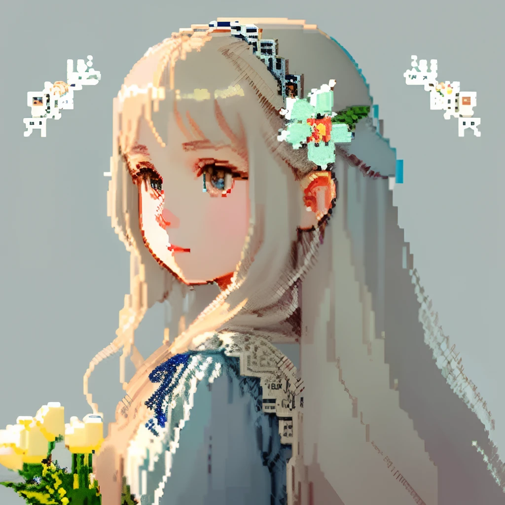 Pale light blue antique dress、Girl with long hair in a dull beige color、Look back and look at this.、Pixel art、Pixel Art Illustration、pixels、Plain background、Upper body、For icons、pixels_Art Book,Composition centered on the face、Straight face、Gothic headdress、pixels、Game-style illustration、Pixel art、pixels、Holding flowers