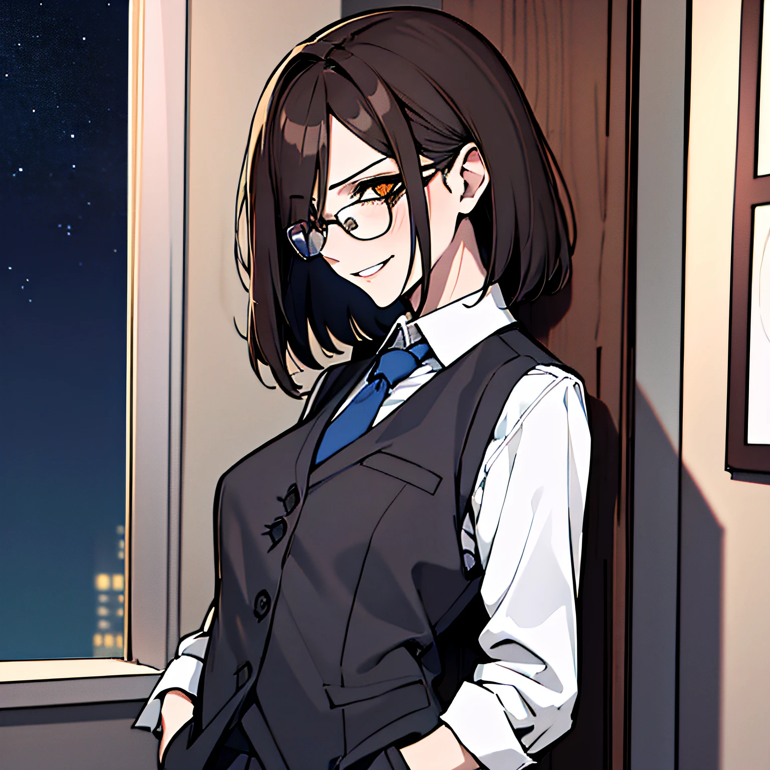 (absurdres, 8k, 4k, masterpiece, hyper extreme detailed:1.2), solo, 1girl, front view, portrait, best quality, expressive eyes, perfect face, 1girl, portrait, solo, standing, Female, toned body, mature female, medium breasts, pale, hair covering one eye, dark brown hair, medium hair, sarcastic, snarky, soldier, adult, hazel eyes, delinquent, sarcastic, smirk, crazy eyes, messy hair, swept bangs, half body, perfect anatomy, front view, leaning back, leaning back, night time, night sky window, pants, dress shirt, suit vest, tie, blazer, suit, hands in pockets, glasses,