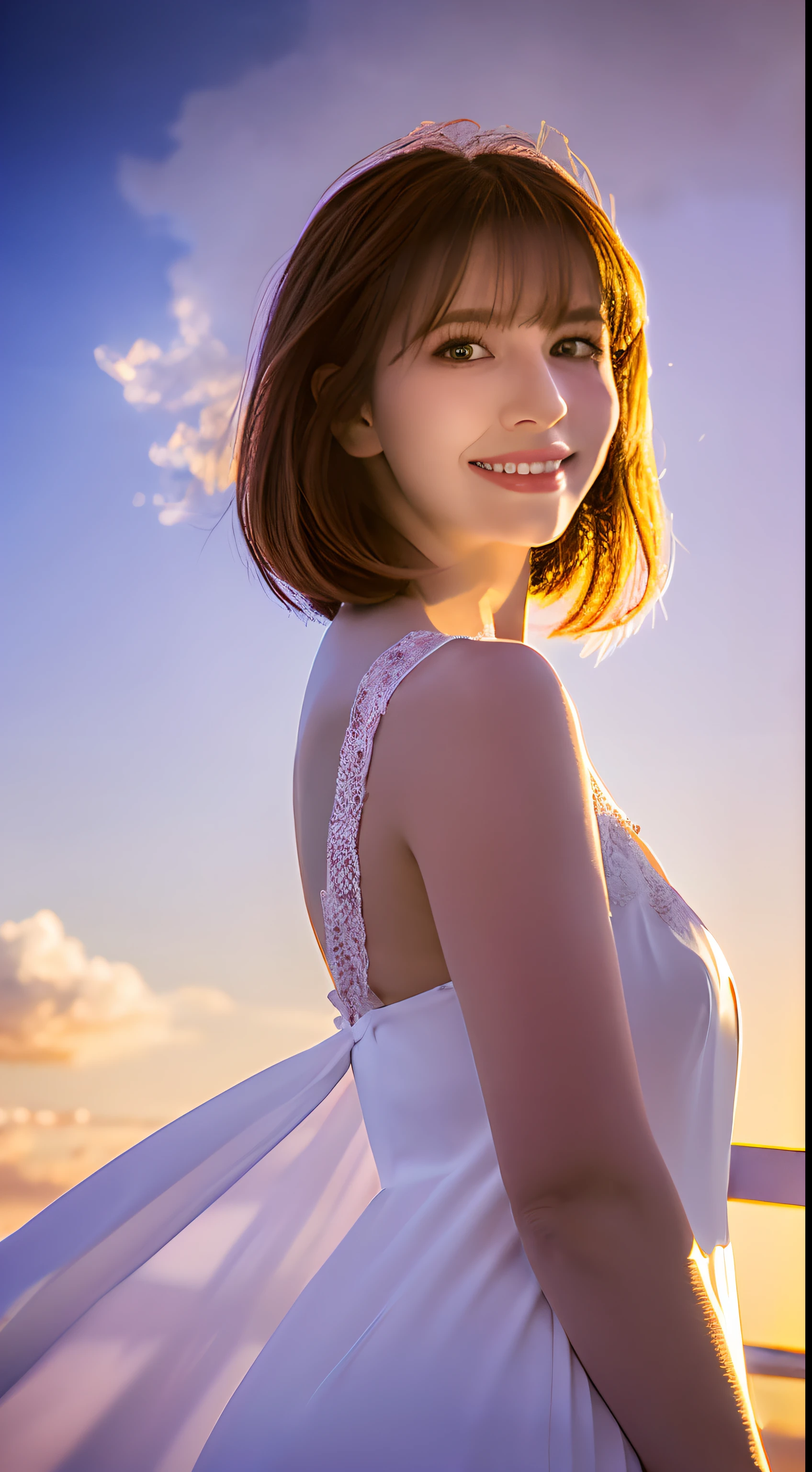 1girl in, masutepiece, ighly detailed, (Beautiful detailed glow), Lens Flare, White hair, Short hair, Floating hair, Looking back, Smile, Blue eyes, White Dress, medium breasts,  full bodyesbian,  Clouds, Backlighting, Purple Sky, Yellow Sky, Gradient sky,