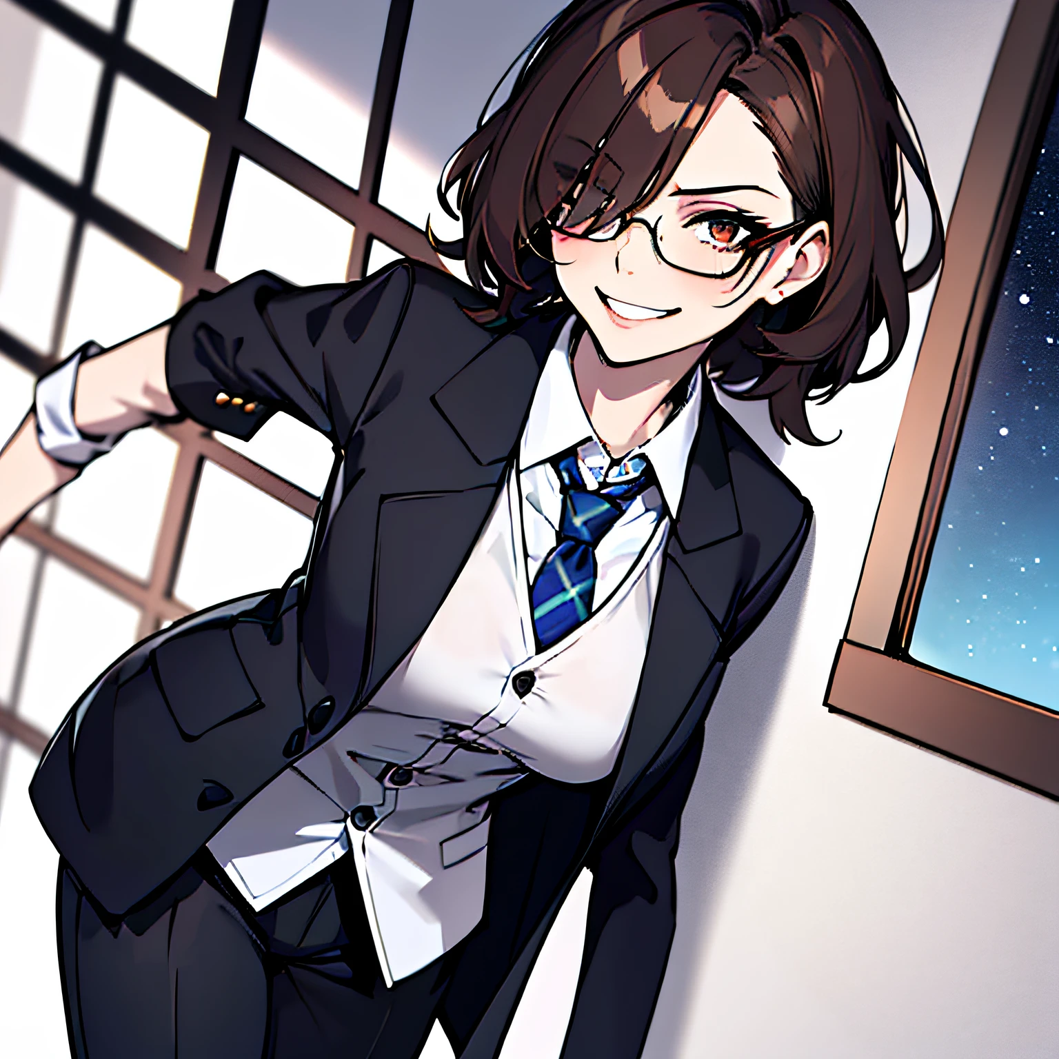 (absurdres, 8k, 4k, masterpiece, hyper extreme detailed:1.2), solo, 1girl, front view, portrait, best quality, expressive eyes, perfect face, 1girl, portrait, solo, standing, Female, toned body, mature female, medium breasts, pale, hair covering one eye, dark brown hair, medium hair, sarcastic, snarky, soldier, adult, hazel eyes, delinquent, sarcastic, smirk, crazy eyes, messy hair, swept bangs, half body, perfect anatomy, front view, leaning back, leaning back, night time, night sky window, pants, dress shirt, suit vest, tie, blazer, suit, hands in pockets, glasses,