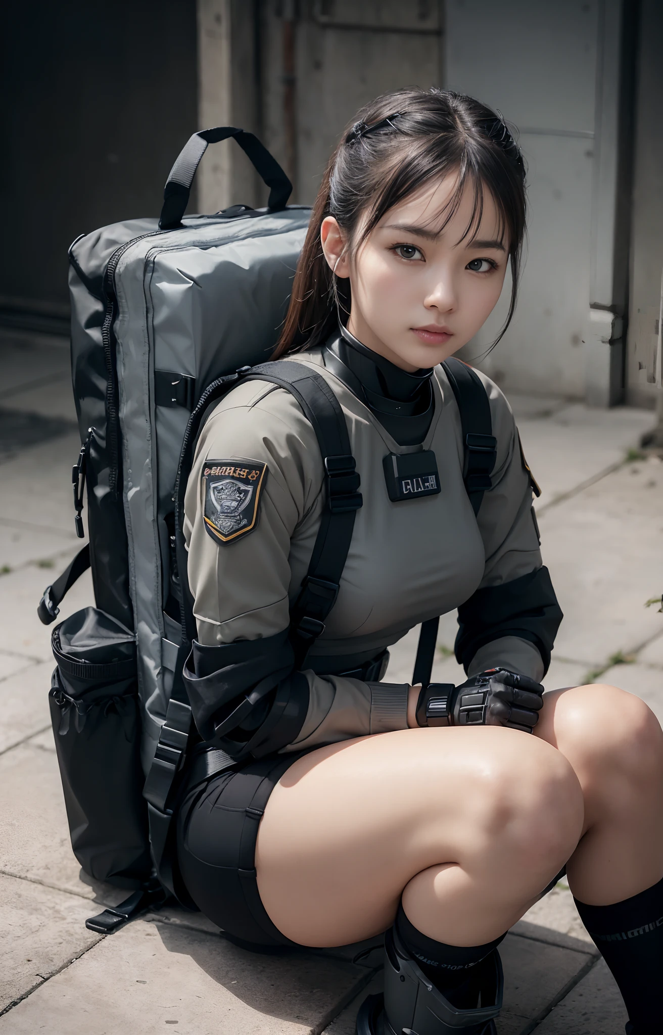 Highest image quality, outstanding details, ultra-high resolution, (realism: 1.4), ((close up:0.75, from front)), Photorealistic, highly condensed 1 lady, full body, sitting on the floor with one knee raised, Combat pose, (Detailed face), looking at the camera, (wearing nylon rash-guard as police uniform, gloves, black and grey mecha, military harness, holding a machinegun, carrying hich-tech-backpack), background grey, Fingers are occluded