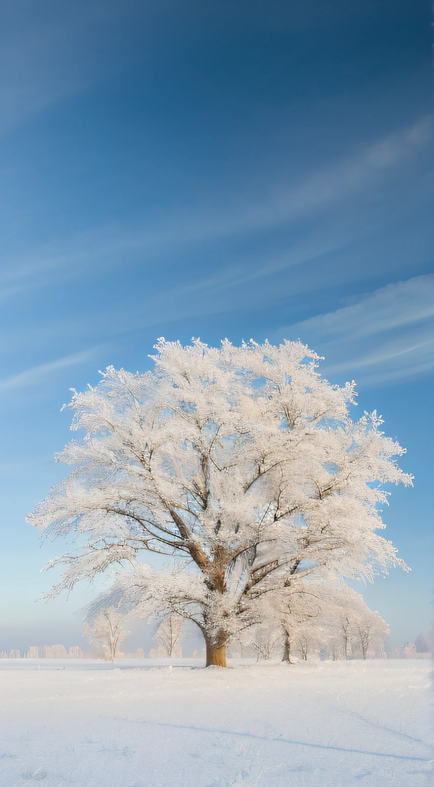 Arafi trees under a blue sky on a snowy field, giant white tree, Matte, winter vibes, Frost, inspired by Arthur Burdett Frost, A beautiful tree, breath - taking beautiful trees, breath-taking beautiful trees, cold snowy, winter landscape outside, soft white glow, Cold winter, Cold but beautiful, mikko lagerstedt, Snow-capped trees