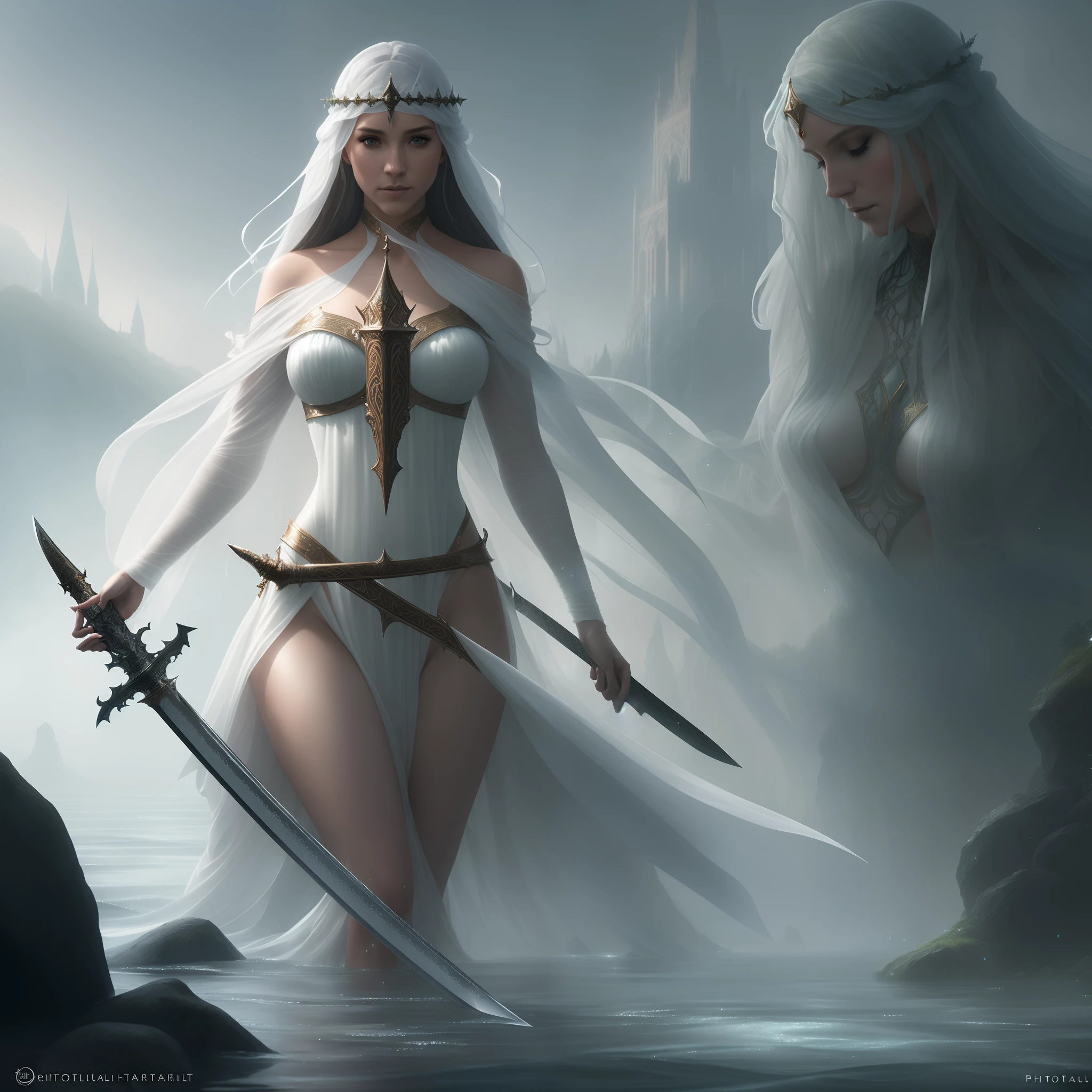 lady of the lake, a fey woman partially submerged, arms outstretched (((holding Excaliber sword horizontaly))), water dripping off of clothes, flowing gossamer clothing, enchanting,artstation,smooth, sharp focus,art by ross tran and greg rutkowski and alphonse Mucha and Bak Karol, (digital painting:1.16), soft lighting, CGSociety,ArtStation,(__Hyperrealism:1.3),(__Photorealism:1.3),(Land Art:1.3),(CMYK Colors:0.5),naturalism,land Art,regionalism,shutterstock contest winner,trending on unsplash,featured on Flickr