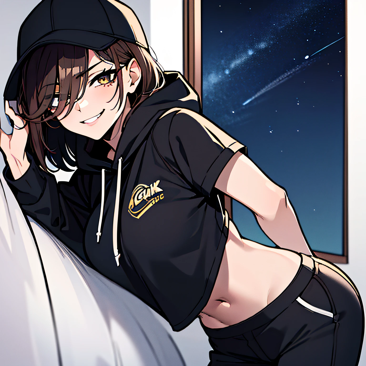 (absurdres, 8k, 4k, masterpiece, hyper extreme detailed:1.2), solo, 1girl, front view, portrait, best quality, expressive eyes, perfect face, 1girl, portrait, solo, standing, Female, toned body, mature female, medium breasts, pale, hair covering one eye, dark brown hair, medium hair, sarcastic, snarky, soldier, adult, hazel eyes, delinquent, sarcastic, smirk, crazy eyes, messy hair, swept bangs, half body, perfect anatomy, front view, leaning back, leaning back, night time, night sky window, hoodie, wearing a hood, baseball cap,