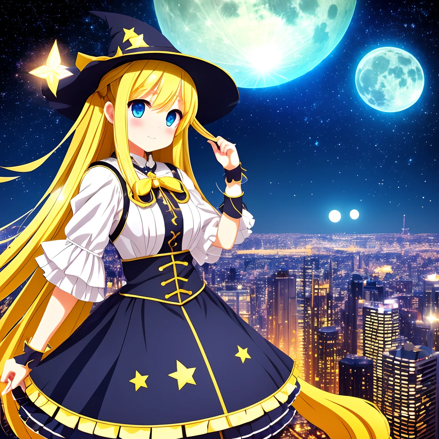 A cute  japaneese magical girl, drawn in anime style, fantastic, bishojo, jade green eyes, very long yellow hair, small breast, witch hat, a cute blue magical dress with puffy sleeves and star pattern, ribbons, striped black and white pantyhose, silver bracelet, high hell boots, holding a magic wand, standing on top of a skyscraper, big city on horizon, full moon in the starry sky, masterpiece, highly detailed, 4K.