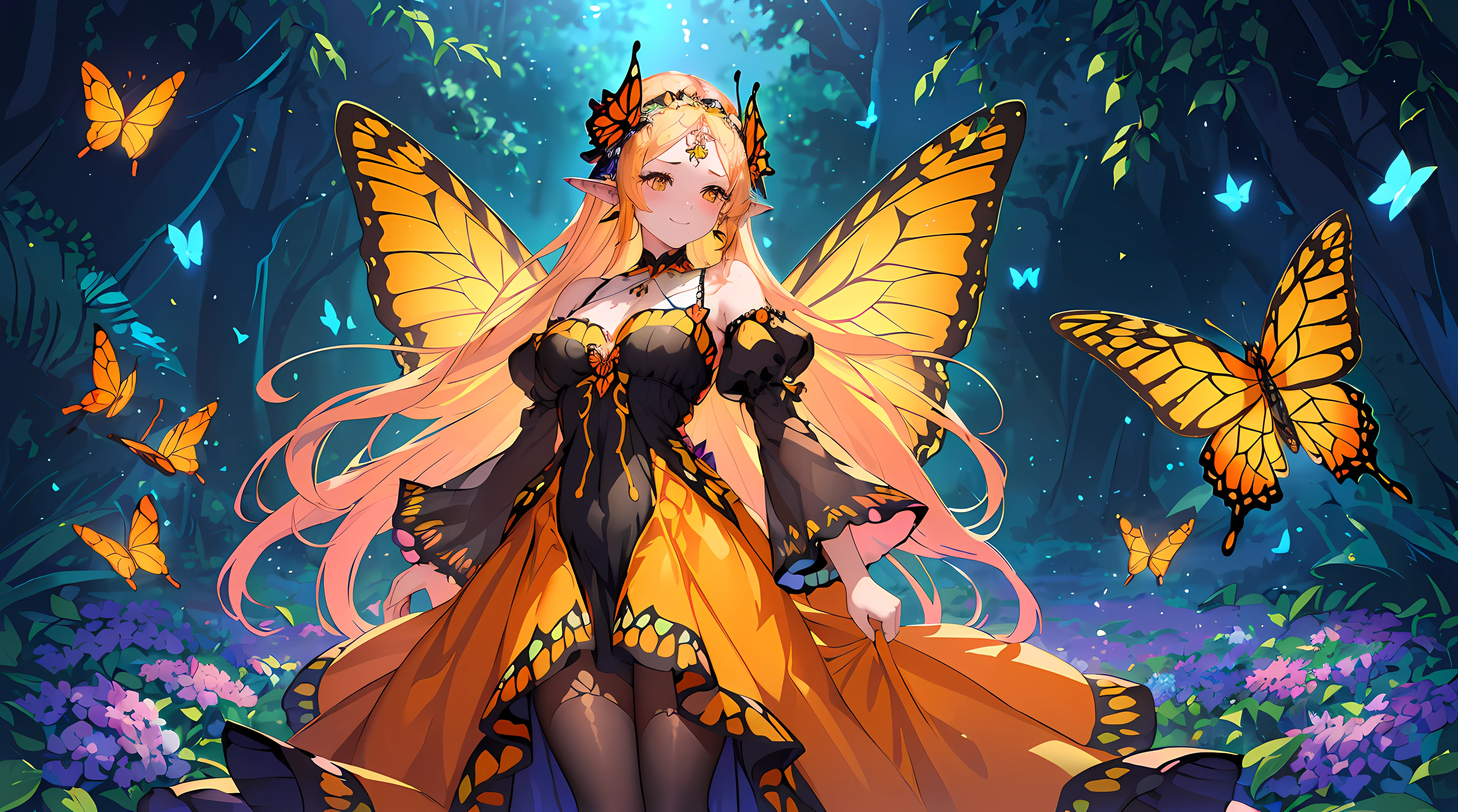 ((fullbody)) 1girl, colorful monarch butterfly girl, ((huge majestic butterfly wings : 1.3)), head wings, ((((butterfly wing ears))), absurdly long hair, (very long hair), long thin sidelocks, forehead, ((forehead jewel marking : 1.2)), blushing, full face blushing, narrowed sparkling ((deep orange eyes : 1.2)), mature lady, cute pose, happy facial expression, ((warm smile)), tattoos, butterfly tattoos, hands on own cheeks,
((gorgeous and elegant fashion)) ephemeral black, orange, yellow and brown ((multicolored monarch butterfly dress)), very long dress, ((evening gown)), detached long sleeves, ((wide draping sleeves)), ribbon trim, (yellow ribbon), orange ribbon, ((dozens of beautiful butterflies sewn onto long flowy gown skirt : 1.3)), butterfly ((head wreath)), long sheer coat, large hair ornament, ((butterflies hair ornament : 1.2)), hair_flower, butterfly hairpins, floral earrings, ((monarch butterfly pendant necklace : 1.2)) ((hyperdetailed clothing and fashion)) looking at you, vintage girl, blushing, (beautiful detailed eyes), (extremely detailed CG unity 8k wallpaper) (best shadow), ((an extremely delicate and beautiful)), (detailed light), ((depth of field)) big head, big sparkling eyes, moe, splash art, cinematic lighting, frontal view, volumetric lighting maximalist photo illustration 64k resolution high res intricately detailed complex key visual precise linear line art,
((standing in the beautiful enchanted fairytale forest background, under the cloudy sunset skies and canopy trees, spring, surrounded by dozens of beautiful butterflies, swarmed by butterflies, tall grass, huge flowing wildflowers in dozens of colors, vines, trees reaching the heavens, mystic lamps covered in butterflies)) ((hyperdetailed scenery, very vast view, perspective shot, depth of field, detailed tranquil hillsides and flower fields in the distance, endless butterflies and flowers theme : 1.3))