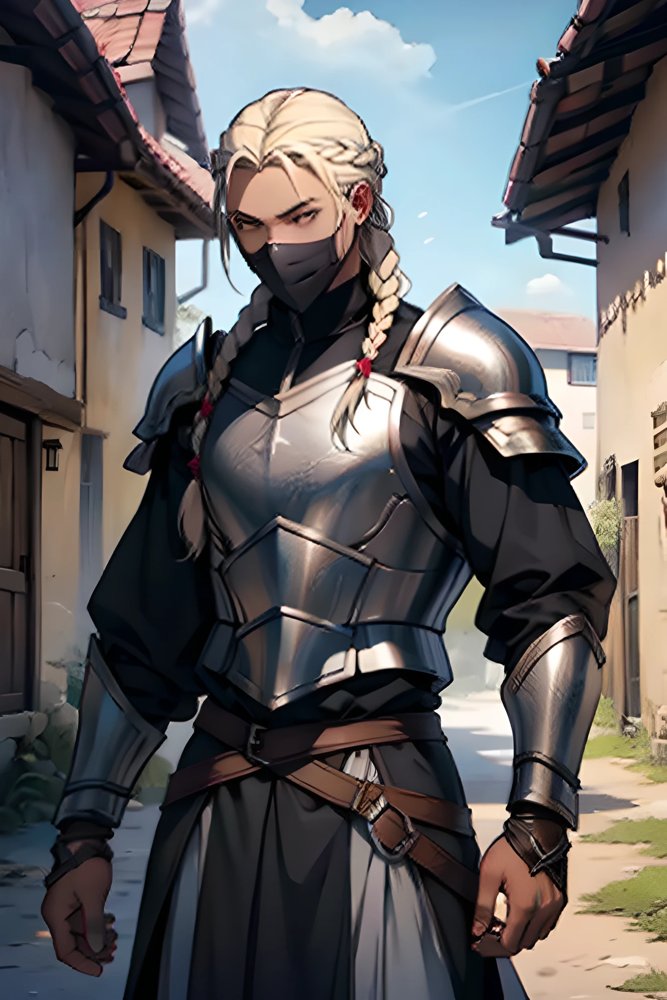 fantasy, a black man, white braided hair, black assassin armor, in a village