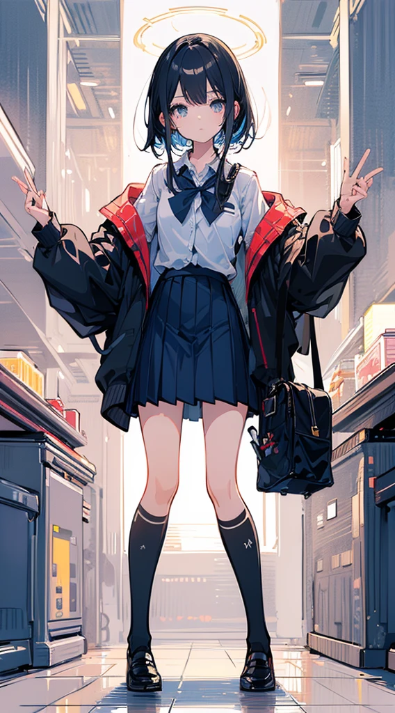 (Top quality illustrations:1.3)、(Cute little girl s:1.0)、(女の子1人:1.0)、(Short black hair:1.0)、(School Uniforms:1.0)、(full body Esbian:1.0)、(ultra-detailliert) 、17 age、If you have headphones、Jumping