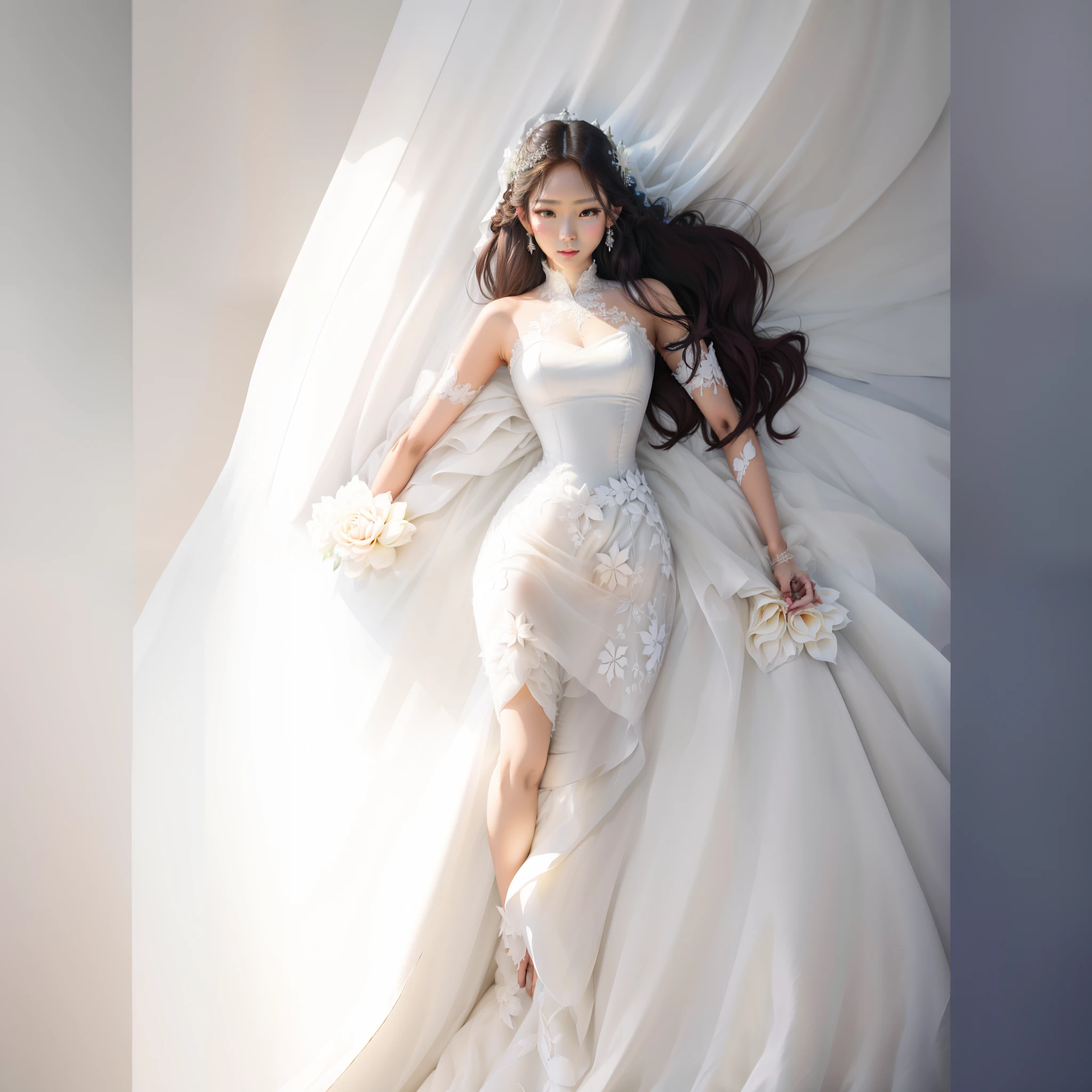 um desenho animado de uma mulher em um vestido de noiva branco, asian female, vestido grande elegante e branco, vestido estilo baile, Full portrait of an asian bride, Ethereal star corset dress, Potencializando a Aura, Epic Wedding Dress, Vestido de noiva branco longo, vestido branco, hands open