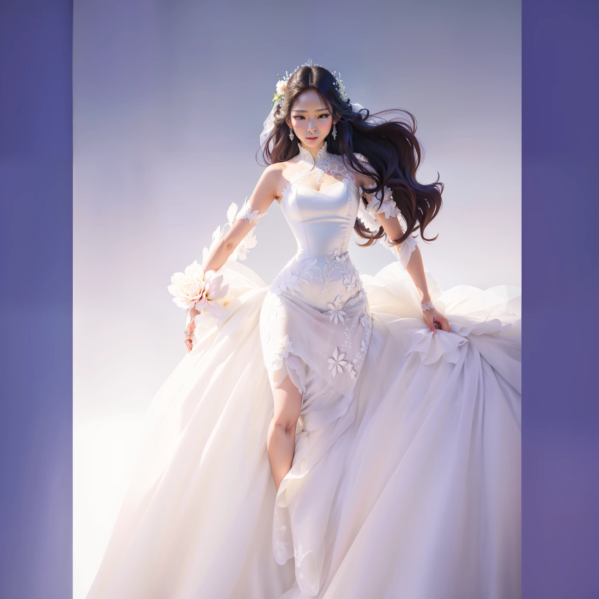 um desenho animado de uma mulher em um vestido de noiva branco, asian female, vestido grande elegante e branco, vestido estilo baile, Full portrait of an asian bride, Ethereal star corset dress, Potencializando a Aura, Epic Wedding Dress, Vestido de noiva branco longo, vestido branco, hands open