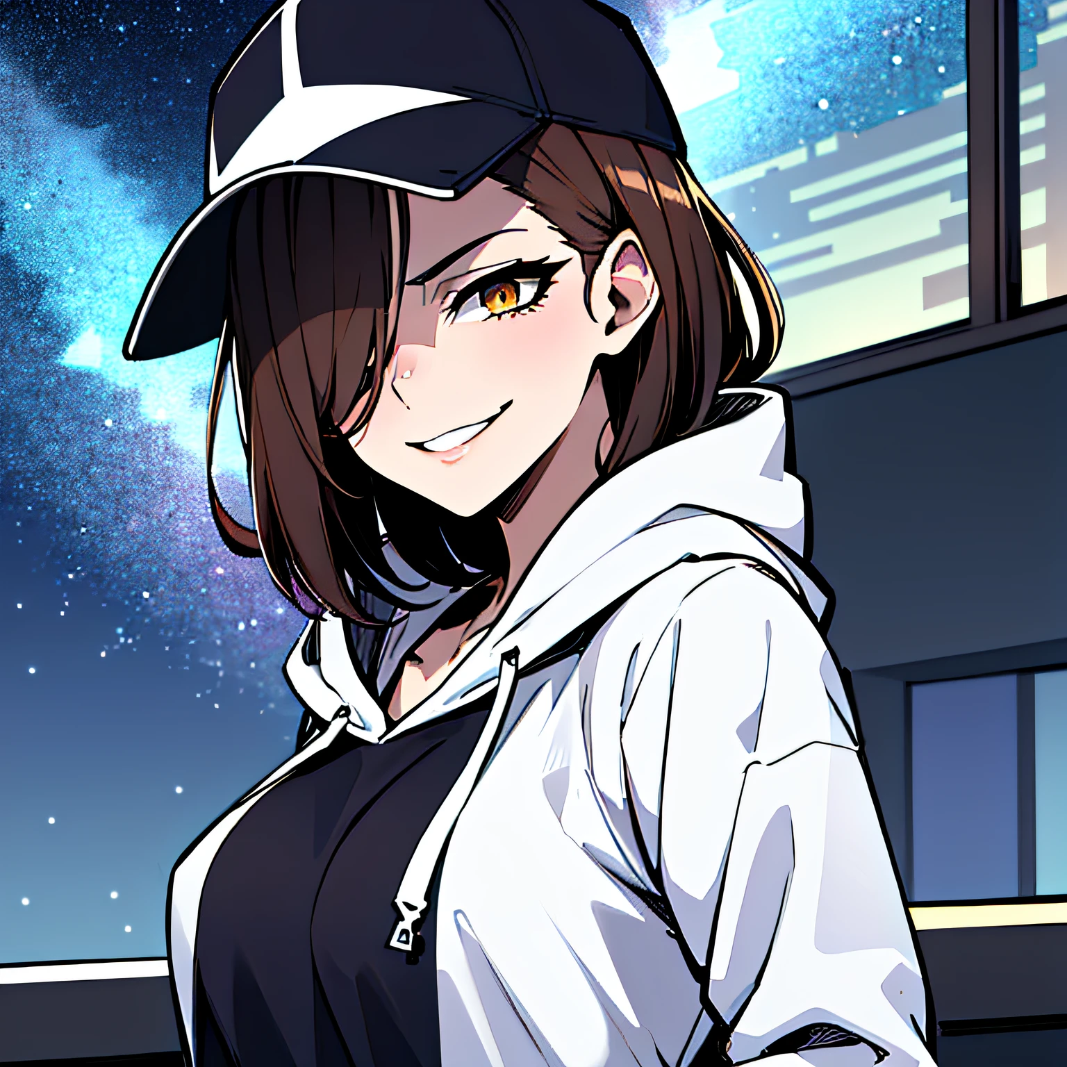 (absurdres, 8k, 4k, masterpiece, hyper extreme detailed:1.2), solo, 1girl, front view, portrait, best quality, expressive eyes, perfect face, 1girl, portrait, solo, standing, Female, toned body, mature female, medium breasts, pale, hair covering one eye, dark brown hair, medium hair, sarcastic, snarky, soldier, adult, hazel eyes, delinquent, sarcastic, smirk, crazy eyes, messy hair, swept bangs, half body, perfect anatomy, front view, leaning back, leaning back, night time, night sky window, hoodie, wearing a hood, baseball cap,
