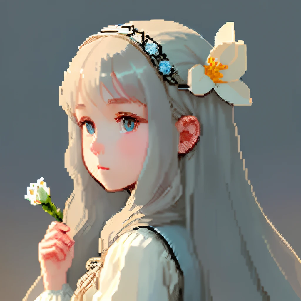 Pale light blue antique dress、Girl with long hair in a dull beige color、Look back and look at this.、Pixel art、Pixel Art Illustration、pixels、Plain background、Upper body、For icons、pixels_Art Book,Composition centered on the face、Straight face、Gothic headdress、pixels、Game-style illustration、Pixel art、pixels、Holding flowers