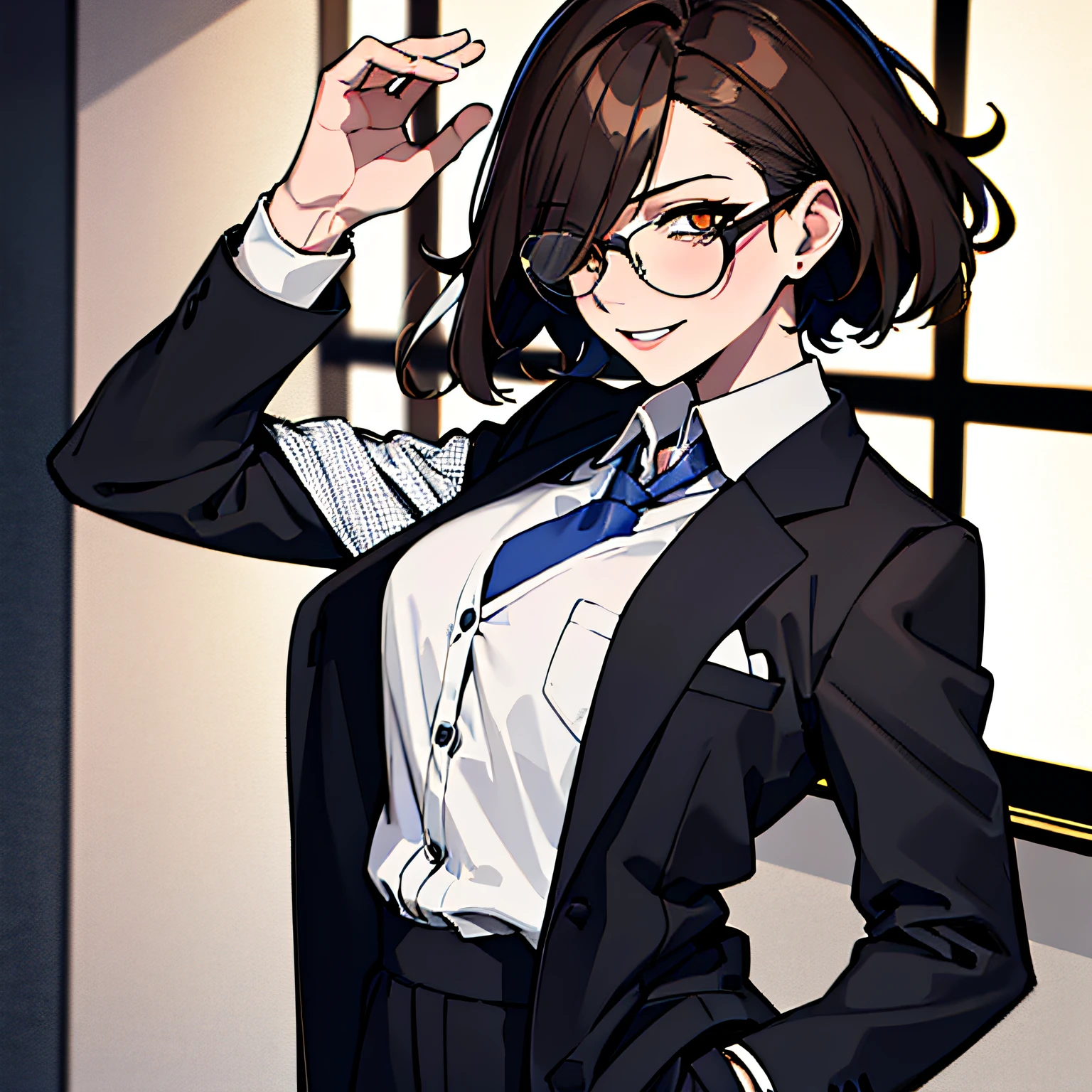 (absurdres, 8k, 4k, masterpiece, hyper extreme detailed:1.2), solo, 1girl, front view, portrait, best quality, expressive eyes, perfect face, 1girl, portrait, solo, standing, Female, toned body, mature female, medium breasts, pale, hair covering one eye, dark brown hair, medium hair, sarcastic, snarky, soldier, adult, hazel eyes, delinquent, sarcastic, smirk, crazy eyes, messy hair, swept bangs, half body, perfect anatomy, front view, leaning back, leaning back, night time, night sky window, pants, dress shirt, suit vest, tie, blazer, suit, hands in pockets, glasses,