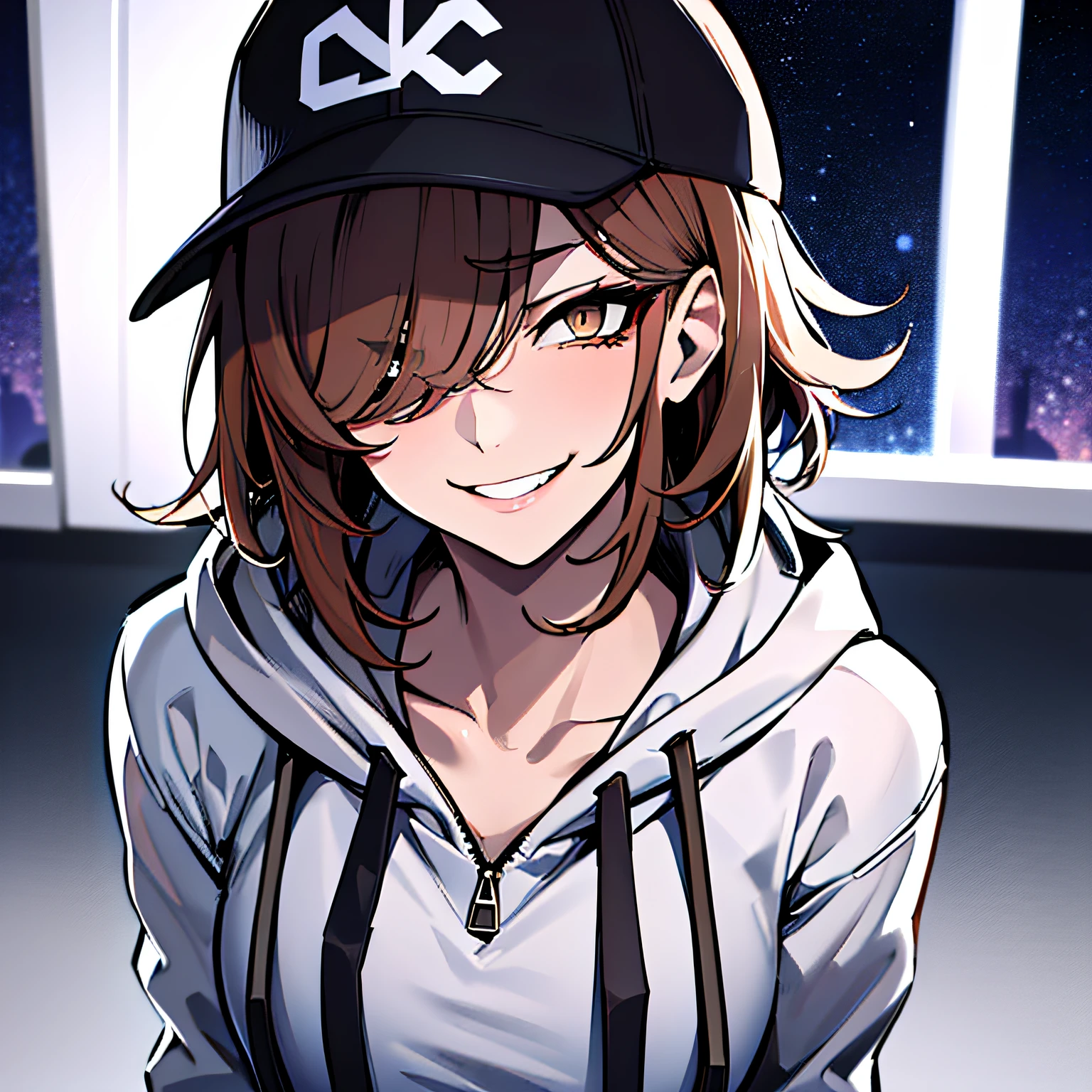 (absurdres, 8k, 4k, masterpiece, hyper extreme detailed:1.2), solo, 1girl, front view, portrait, best quality, expressive eyes, perfect face, 1girl, portrait, solo, standing, Female, toned body, mature female, medium breasts, pale, hair covering one eye, dark brown hair, medium hair, sarcastic, snarky, soldier, adult, hazel eyes, delinquent, sarcastic, smirk, crazy eyes, messy hair, swept bangs, half body, perfect anatomy, front view, leaning back, leaning back, night time, night sky window, hoodie, wearing a hood, baseball cap,