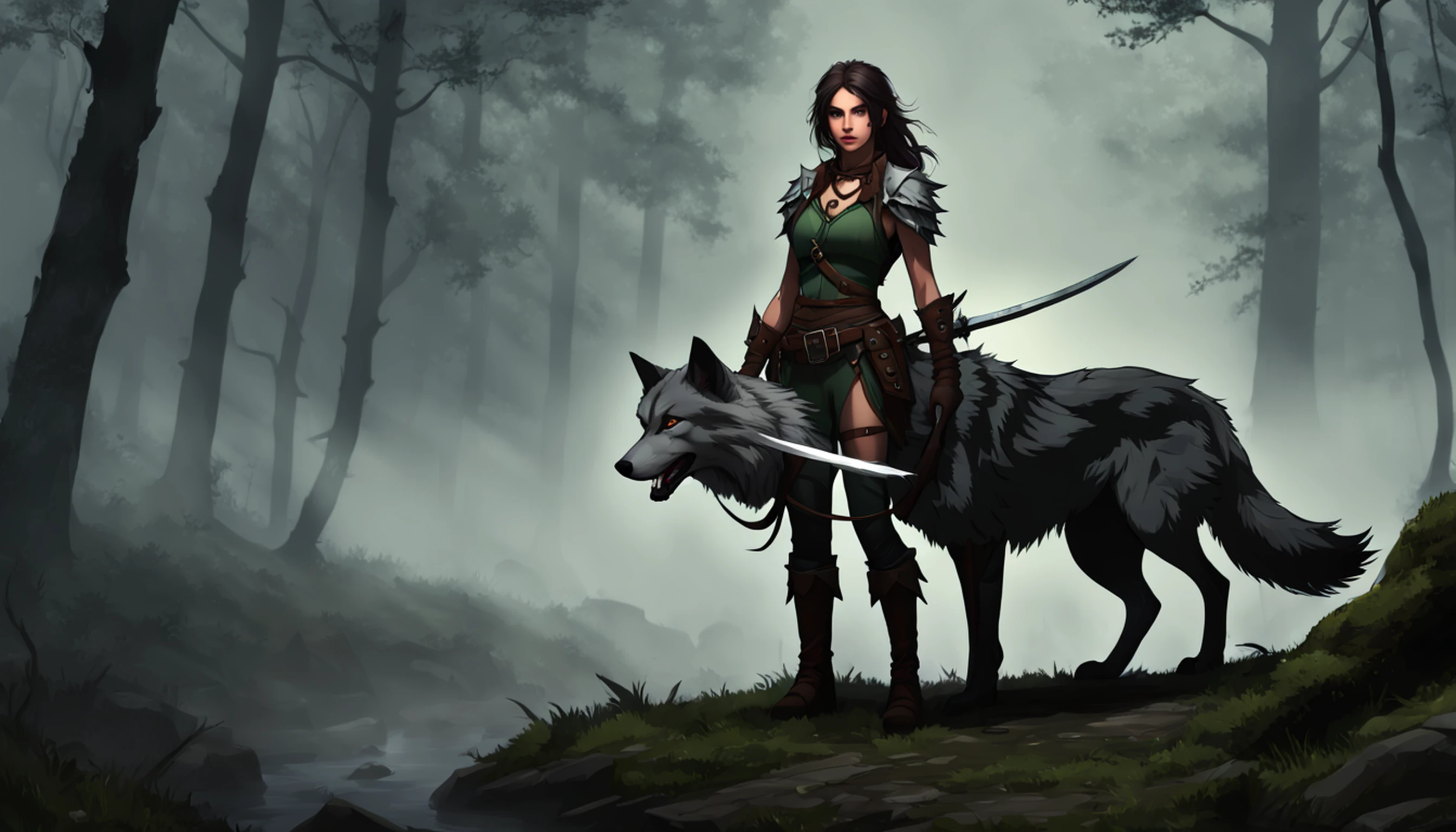 arte de fantasia, Arte de RPG, arte de fantasia sombria, tiro ultra largo, .RAW, fotorrealista, A photo of female human ranger and her wolf pet, O Ranger, uma mulher humana bonita e requintada, longos cabelos loiros, braided hair, olhos verdes, usando armadura de couro, Usando (Capa vermelha: 1.1), armado com um (espada: 1.3), usando botas rendadas, Standing in a dark forest at night, (Mist rising from the terrain: 1.3), a sense of dread and fear, no entanto, ela permanece desafiadora e destemida, Her wolf pet is near her, protegendo-a, fundo escuro da floresta da fantasia, best quality, 16k, [ultra detalhado], master part, best quality, (ultra detalhado), corpo inteiro, tiro ultra largo, fotorrealismo