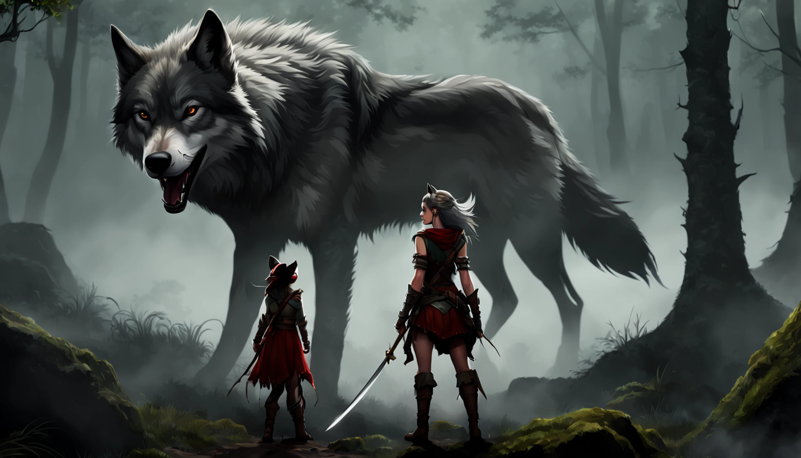 arte de fantasia, Arte de RPG, arte de fantasia sombria, tiro ultra largo, .RAW, fotorrealista, A photo of female human ranger and her wolf pet, O Ranger, uma mulher humana bonita e requintada, longos cabelos loiros, braided hair, olhos verdes, usando armadura de couro, Usando (Capa vermelha: 1.1), armado com um (espada: 1.3), usando botas rendadas, Standing in a dark forest at night, (Mist rising from the terrain: 1.3), a sense of dread and fear, no entanto, ela permanece desafiadora e destemida, Her wolf pet is near her, protegendo-a, fundo escuro da floresta da fantasia, best quality, 16k, [ultra detalhado], master part, best quality, (ultra detalhado), corpo inteiro, tiro ultra largo, fotorrealismo
