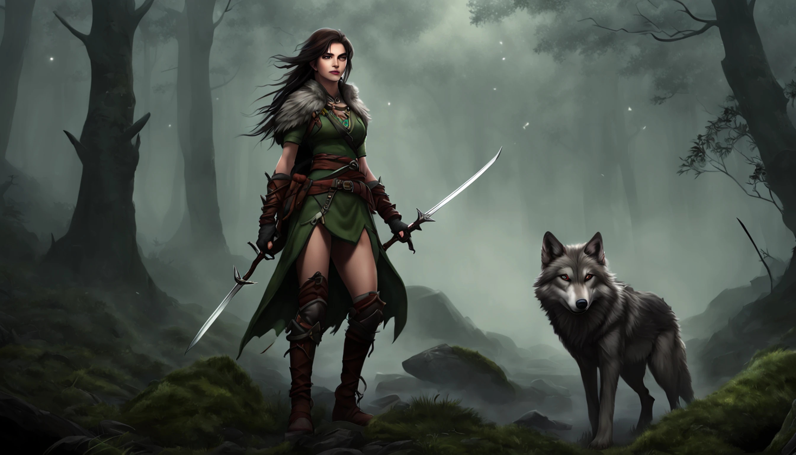 arte de fantasia, Arte de RPG, arte de fantasia sombria, tiro ultra largo, .RAW, fotorrealista, A photo of female human ranger and her wolf pet, O Ranger, uma mulher humana bonita e requintada, longos cabelos loiros, braided hair, olhos verdes, usando armadura de couro, Usando (Capa vermelha: 1.1), armado com um (espada: 1.3), usando botas rendadas, Standing in a dark forest at night, (Mist rising from the terrain: 1.3), a sense of dread and fear, no entanto, ela permanece desafiadora e destemida, Her wolf pet is near her, protegendo-a, fundo escuro da floresta da fantasia, best quality, 16k, [ultra detalhado], master part, best quality, (ultra detalhado), corpo inteiro, tiro ultra largo, fotorrealismo