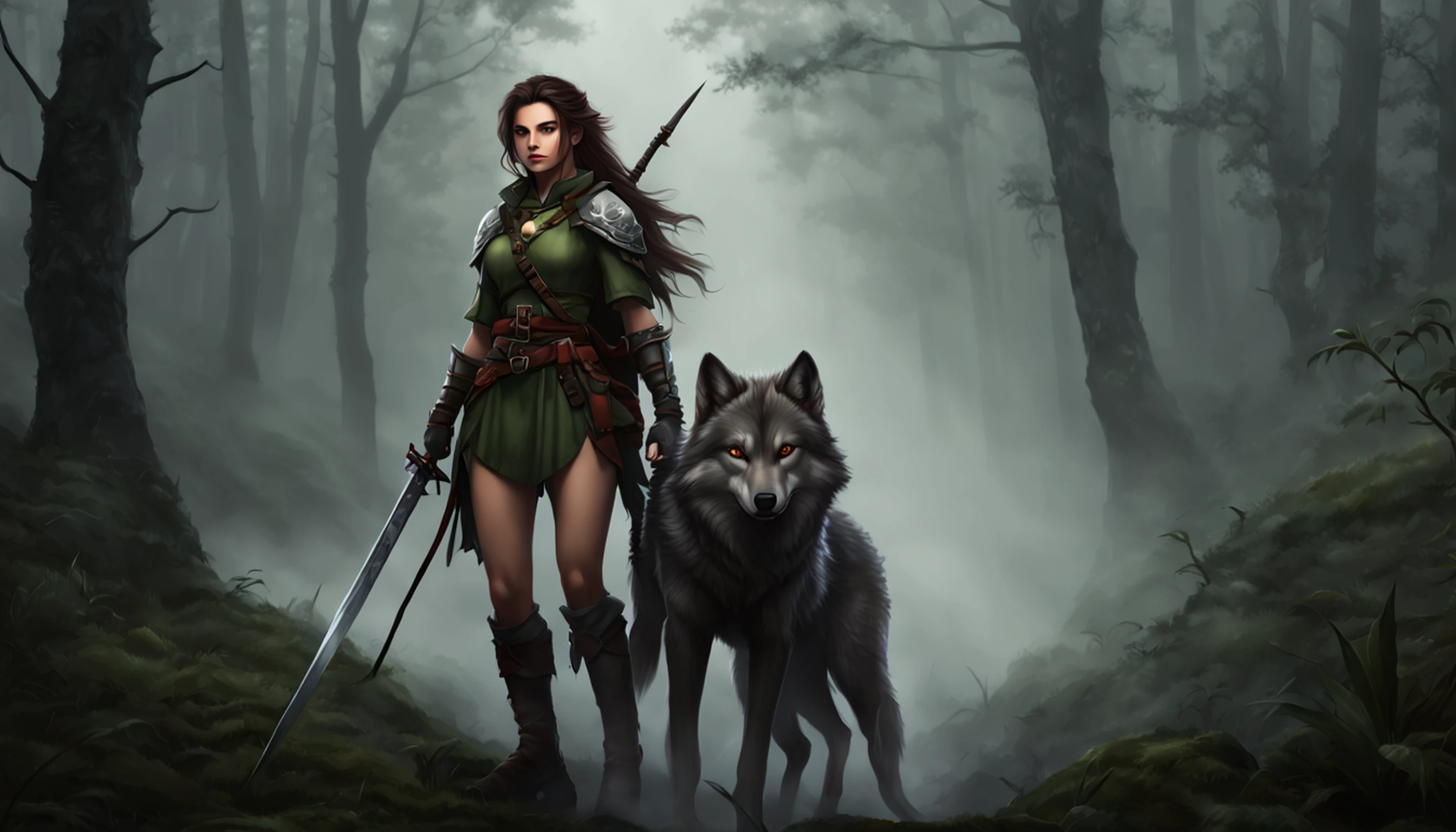 arte de fantasia, Arte de RPG, arte de fantasia sombria, tiro ultra largo, .RAW, fotorrealista, A photo of female human ranger and her wolf pet, O Ranger, uma mulher humana bonita e requintada, longos cabelos loiros, braided hair, olhos verdes, usando armadura de couro, Usando (Capa vermelha: 1.1), armado com um (espada: 1.3), usando botas rendadas, Standing in a dark forest at night, (Mist rising from the terrain: 1.3), a sense of dread and fear, no entanto, ela permanece desafiadora e destemida, Her wolf pet is near her, protegendo-a, fundo escuro da floresta da fantasia, best quality, 16k, [ultra detalhado], master part, best quality, (ultra detalhado), corpo inteiro, tiro ultra largo, fotorrealismo