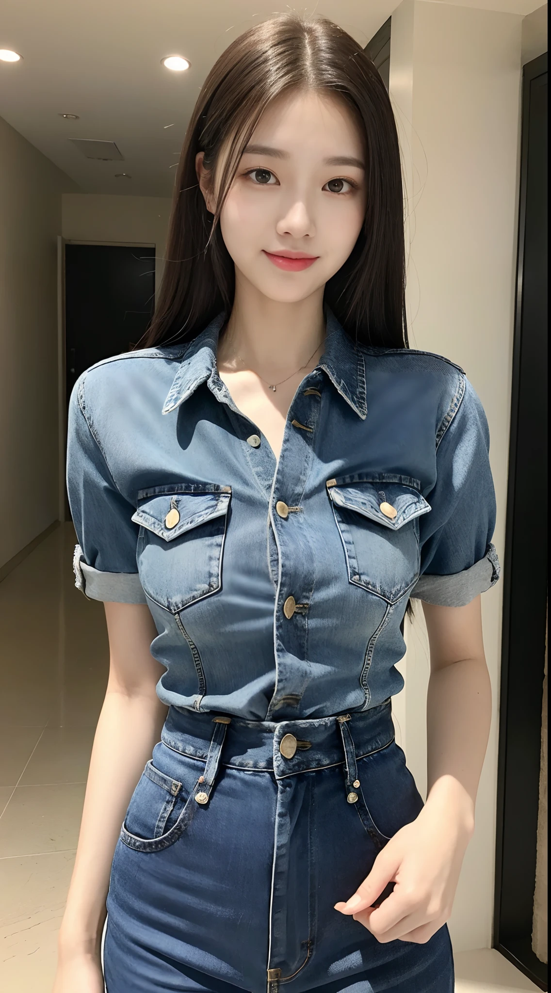 20 years old, pure beauty, Danfengmu, Double eyelids,  long eyelashes, Black eyes, deep black hair, graceful body, Exposed slender waist, Casual shirt, New Perfect Denim, Face Highlight, Smile, Tyndall Light, Filter Rendering, Super fine, hard disk, hard disk, HD picture quality, detail, 18k Ultra Hard Disk Resolution, Top Effects, Master works,