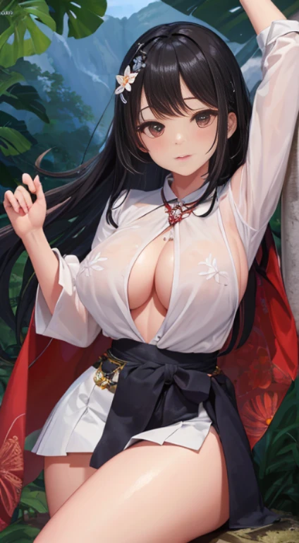 ung girl, 独奏, White polo shirt, White sneakers, nakeness
, white mini-skirt, tmasterpiece, Best quality at best, realisticlying, ultra - detailed, (shiny skins, perspired:1.4), absurderes, looking at viewert, with short black hair, with brown eye,slenderness,Dynamic light and shadow,A high resolution,Sharp focus,depth of fields,The eyes are delicate,Sharp pupils,pupil realistic,(Bigchest:1.6),(Thigh thick:1.0), Raised sexy,In the foreground of graphic art、Kauai has women performing traditional dances。She wore floral ornaments and a straw robe.Her expression was bright and happy.、The dance movements are also elegant and elegant。She dances,It's like celebrating Kauai's nature and culture。 Graphic art background、You can see the Wyallaire Hills。The area near the summit is covered by thick clouds.、It has an air of mystery。Lush vegetation and waterfalls can be seen on the mountainside。Pure、There are rainbows in the sky.、Other names for Kauai「Garden Island」It expresses abundant nature。