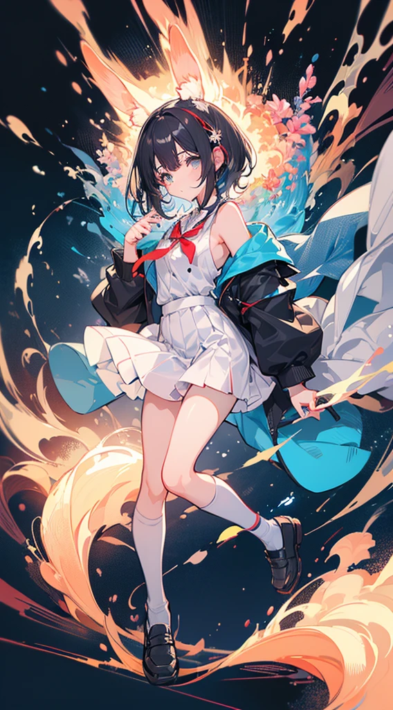 (Top quality illustrations:1.3)、(Cute little girl s:1.0)、(女の子1人:1.0)、(Short black hair:1.0)、(School Uniforms:1.0)、(full body Esbian:1.0)、(ultra-detailliert) 、17 age、If you have headphones、Jumping
